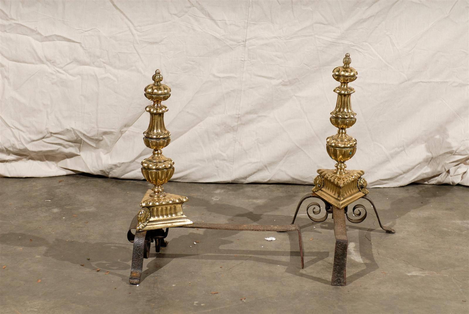 Pair 18th-19th Century English George II Style Wrought Iron and Brass Andirons 4
