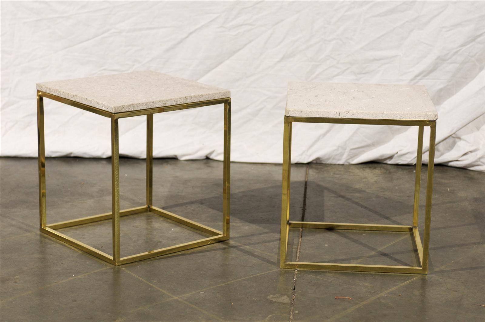Pair of Travertine Top Brass Side Tables in the Style of Paul McCobb, 1950s.