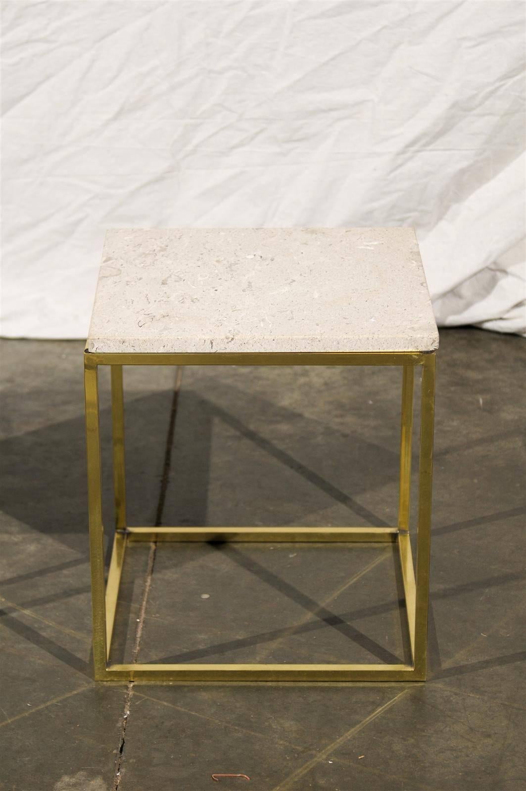 Pair of Travertine Top Brass Side Tables in the Style of Paul McCobb, 1950s In Excellent Condition In Atlanta, GA