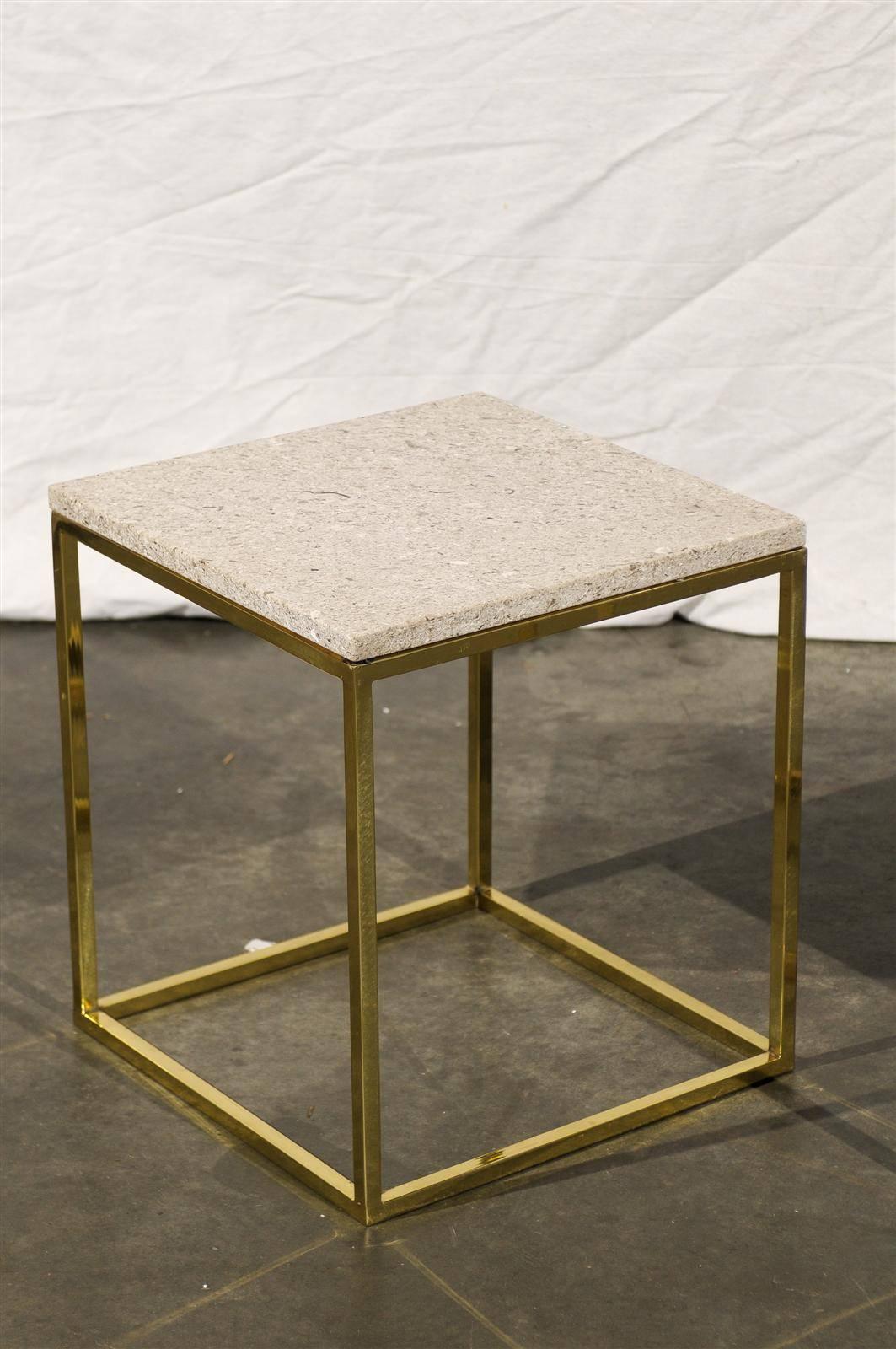 Mid-20th Century Pair of Travertine Top Brass Side Tables in the Style of Paul McCobb, 1950s