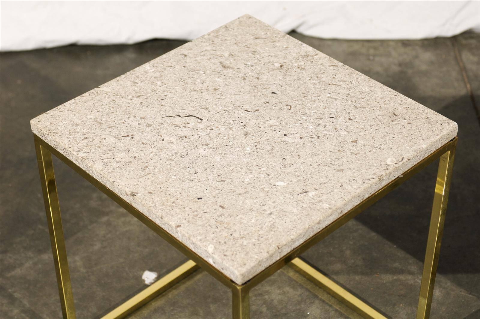 Pair of Travertine Top Brass Side Tables in the Style of Paul McCobb, 1950s 2