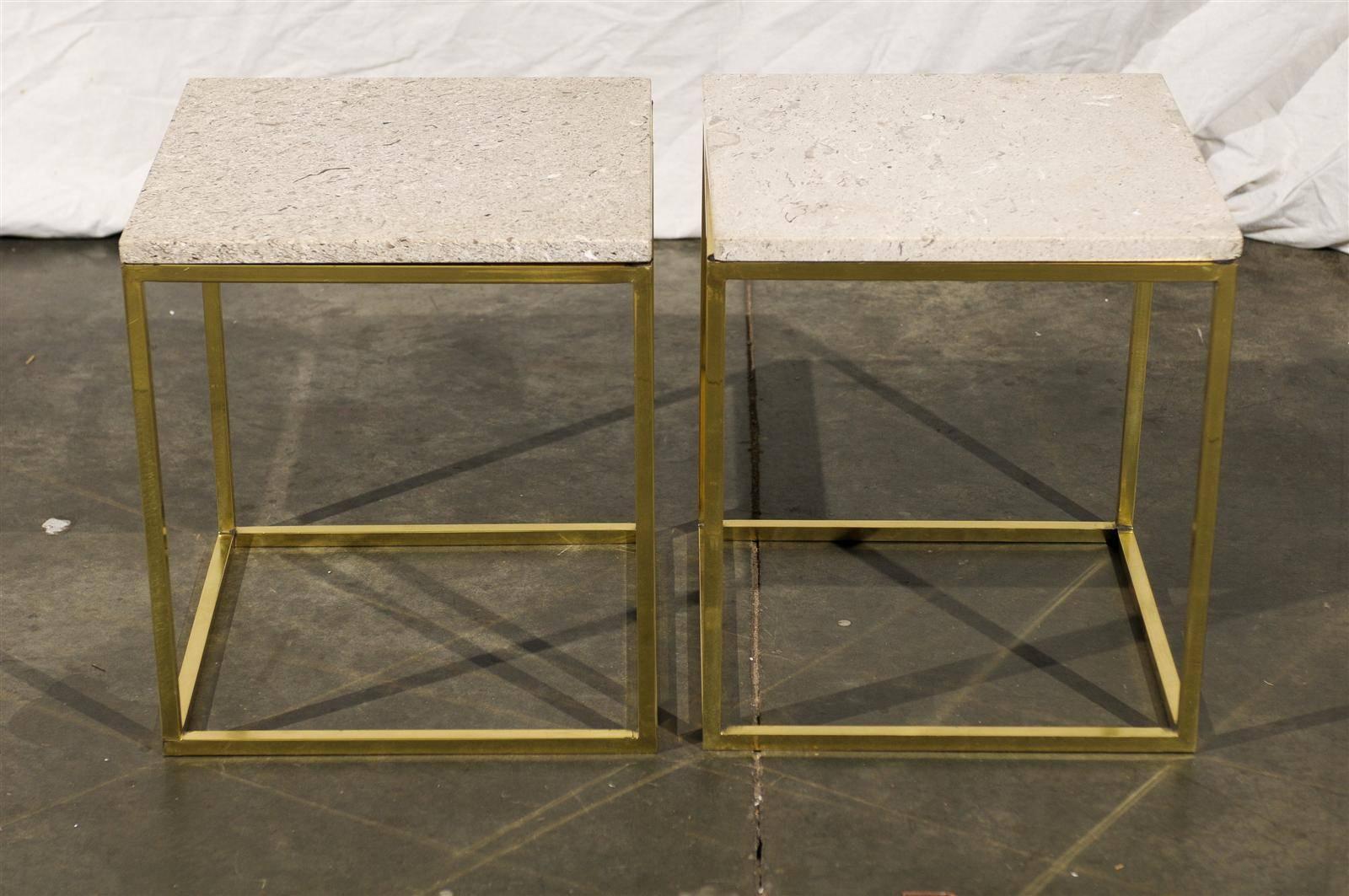 Pair of Travertine Top Brass Side Tables in the Style of Paul McCobb, 1950s 3