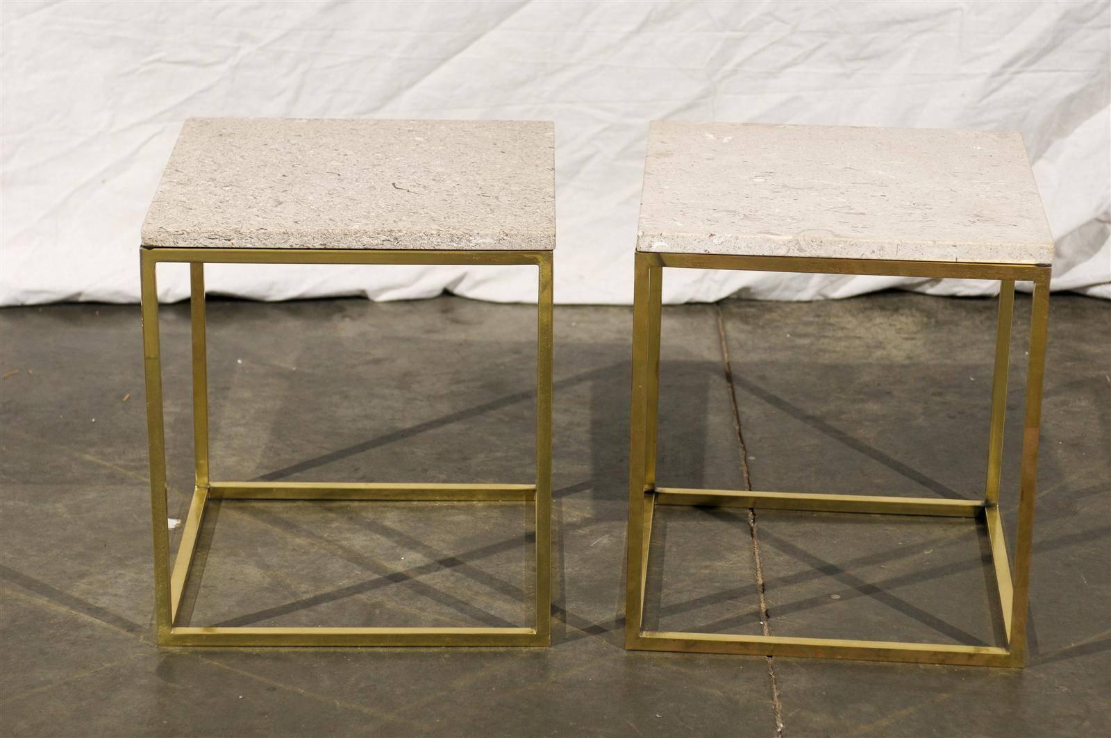 Pair of Travertine Top Brass Side Tables in the Style of Paul McCobb, 1950s 4