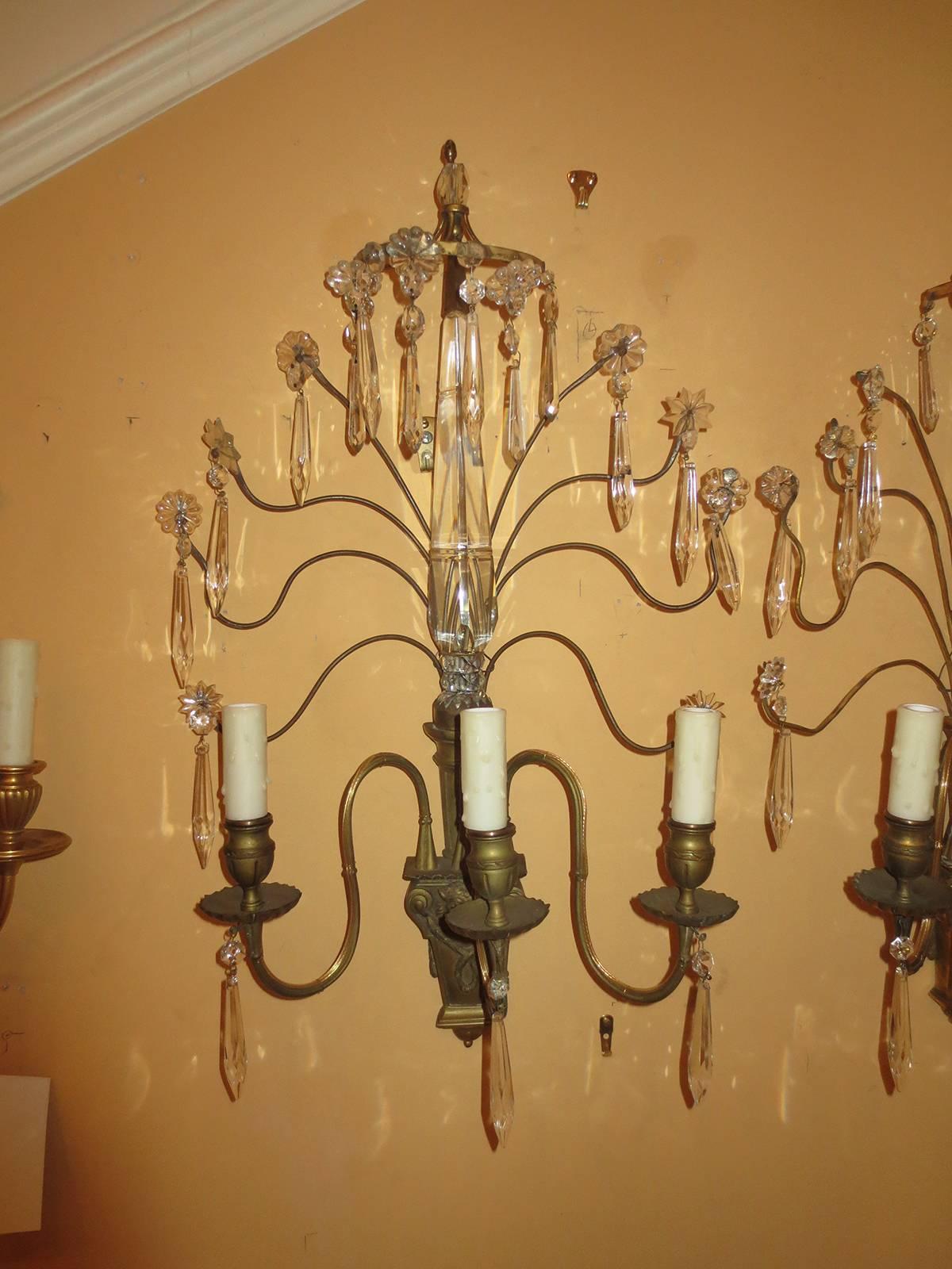 Pair of Early 20th Century Bronze and Crystal Sconces In Good Condition In Atlanta, GA