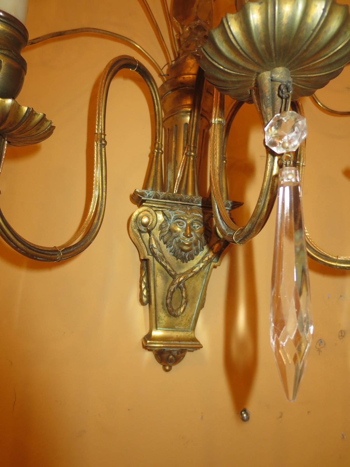 Pair of Early 20th Century Bronze and Crystal Sconces 2