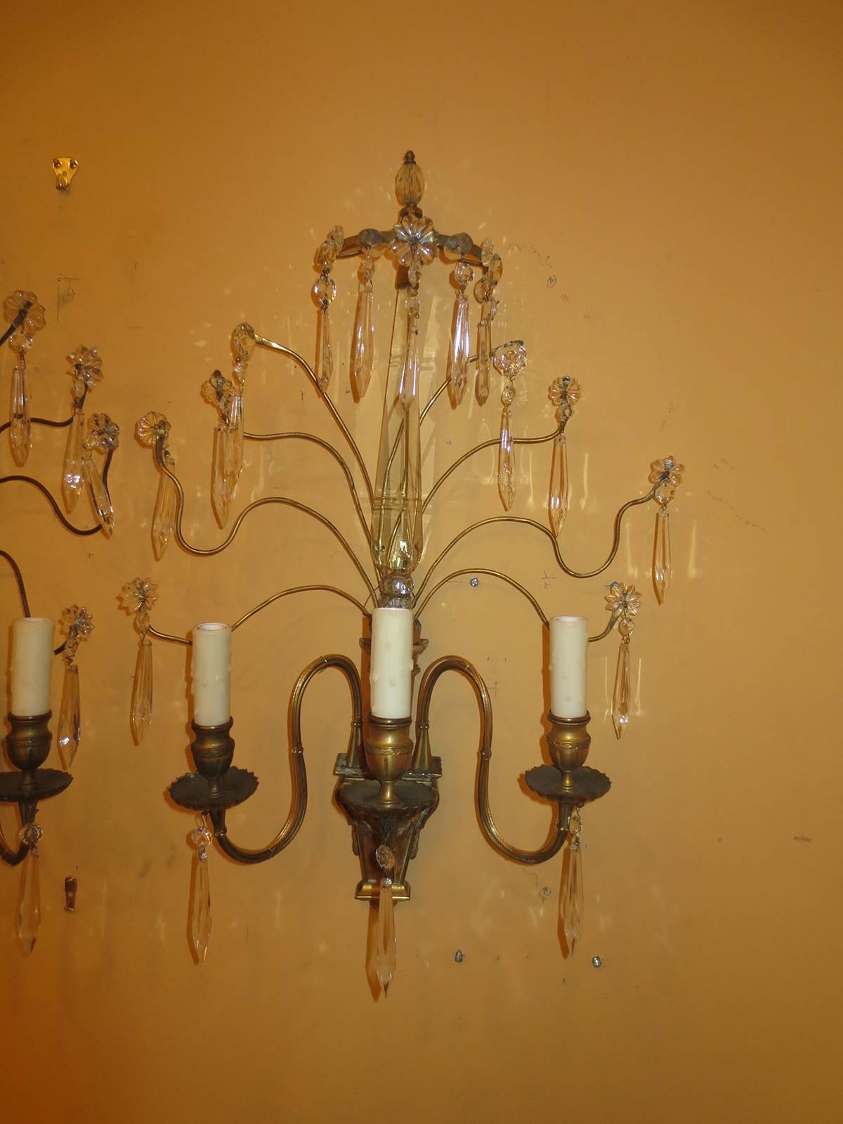 Pair of Early 20th Century Bronze and Crystal Sconces 3