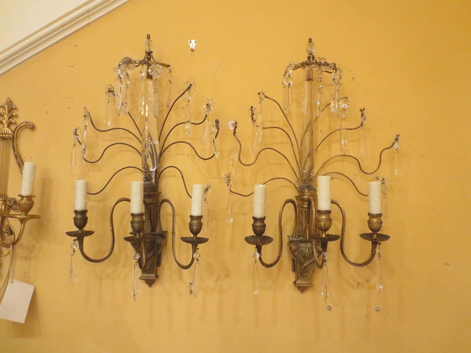 Pair of Early 20th Century Bronze and Crystal Sconces 4