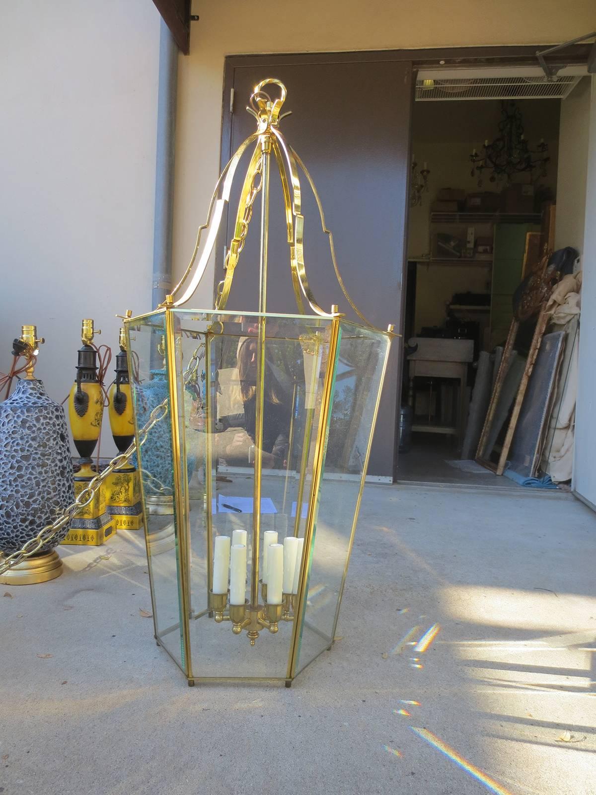 Large Mid-20th Century Brass Hexagonal Lantern.