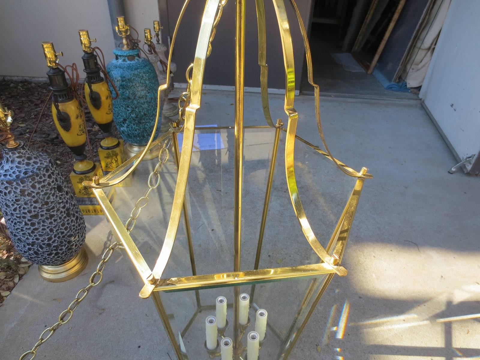 Large Mid-20th Century Brass Hexagonal Lantern For Sale 1