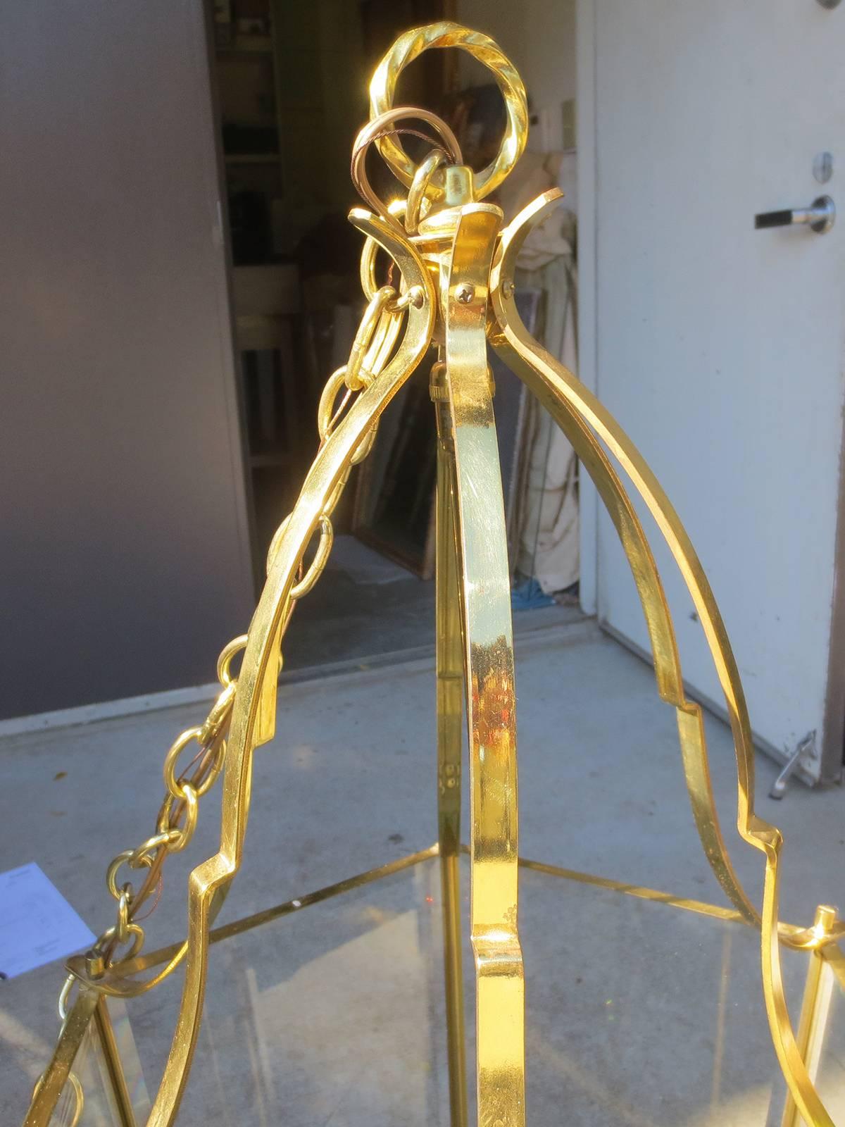 Large Mid-20th Century Brass Hexagonal Lantern For Sale 2