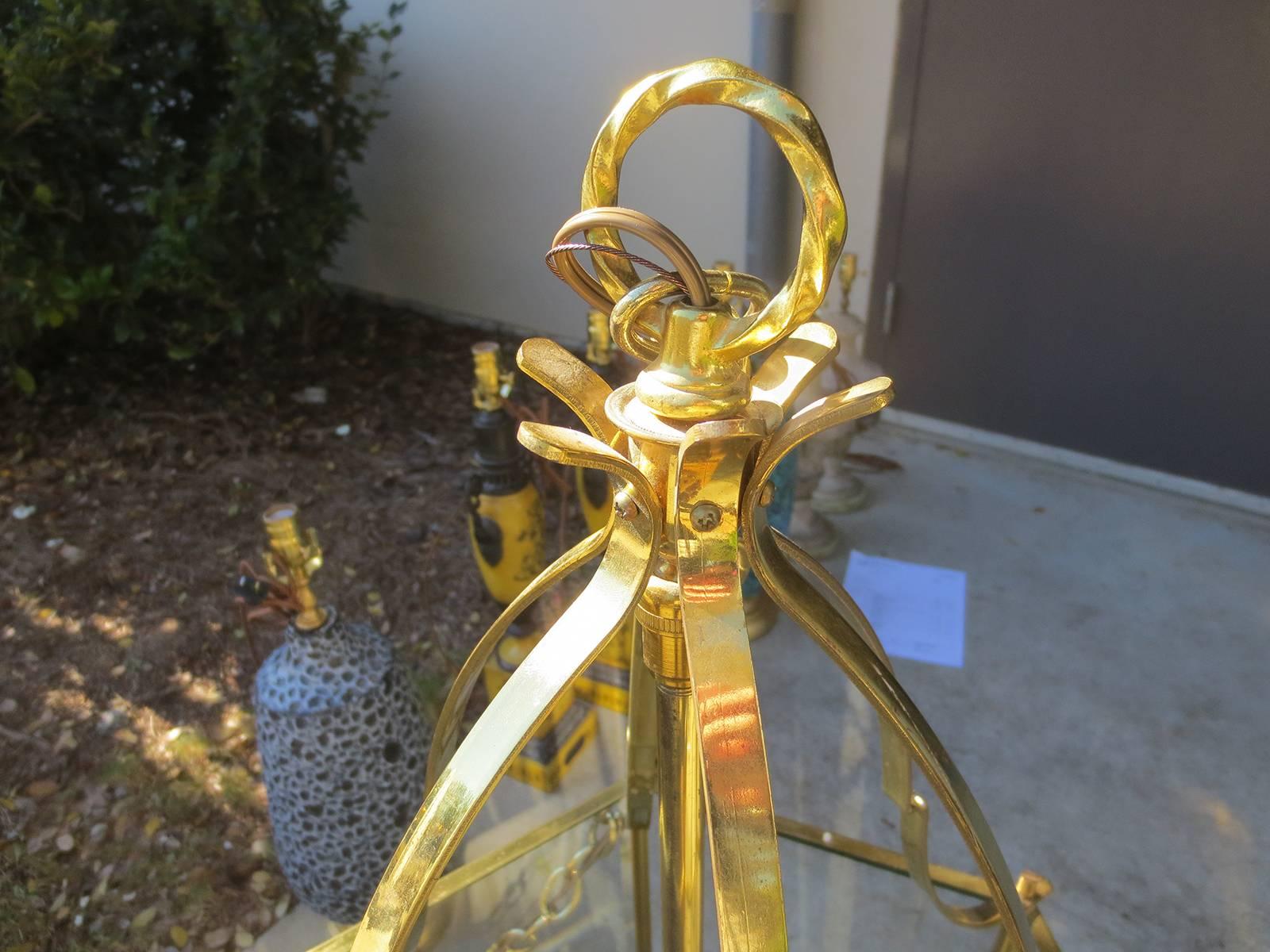 Large Mid-20th Century Brass Hexagonal Lantern For Sale 4