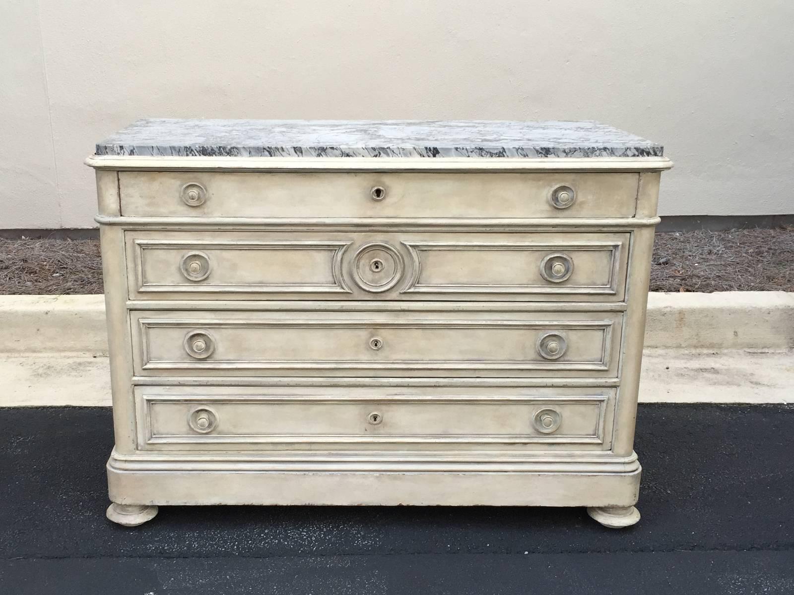 19th century Louis Philippe French marble-top chest in custom finish, incredible marble.