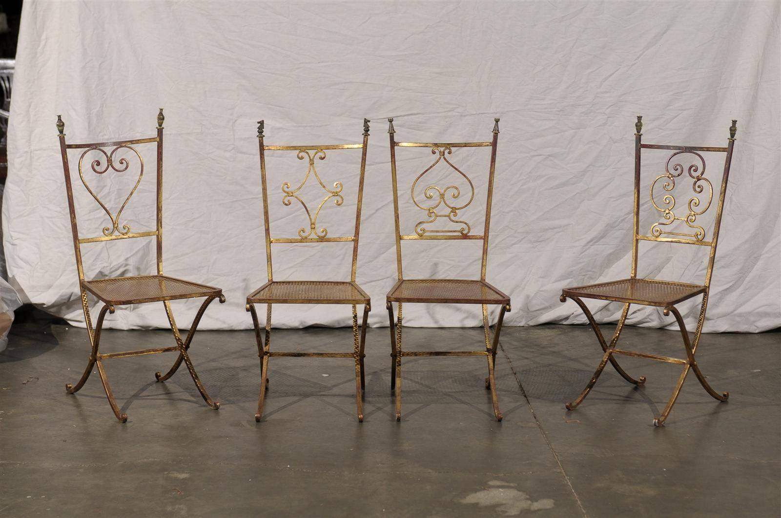 Set of Four 20th Century French Gilt Metal Chairs, Cast Bronze Chessman Finials In Good Condition In Atlanta, GA