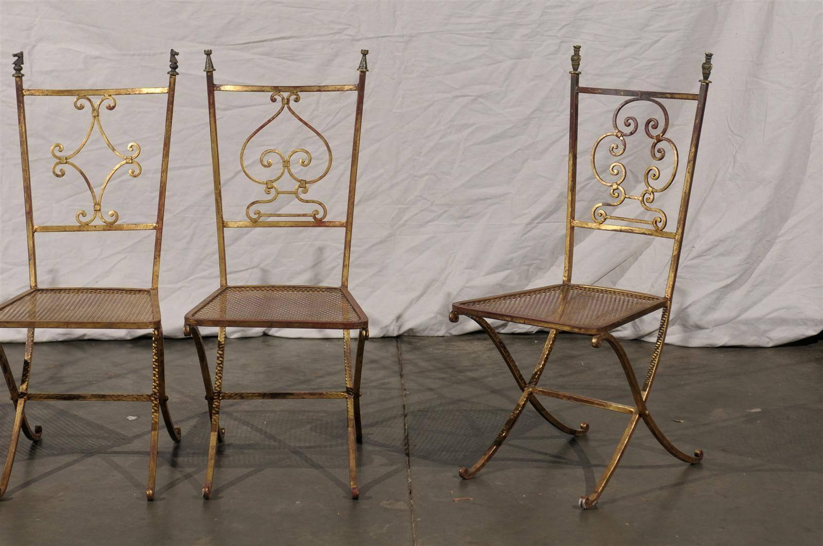 Set of Four 20th Century French Gilt Metal Chairs, Cast Bronze Chessman Finials 1
