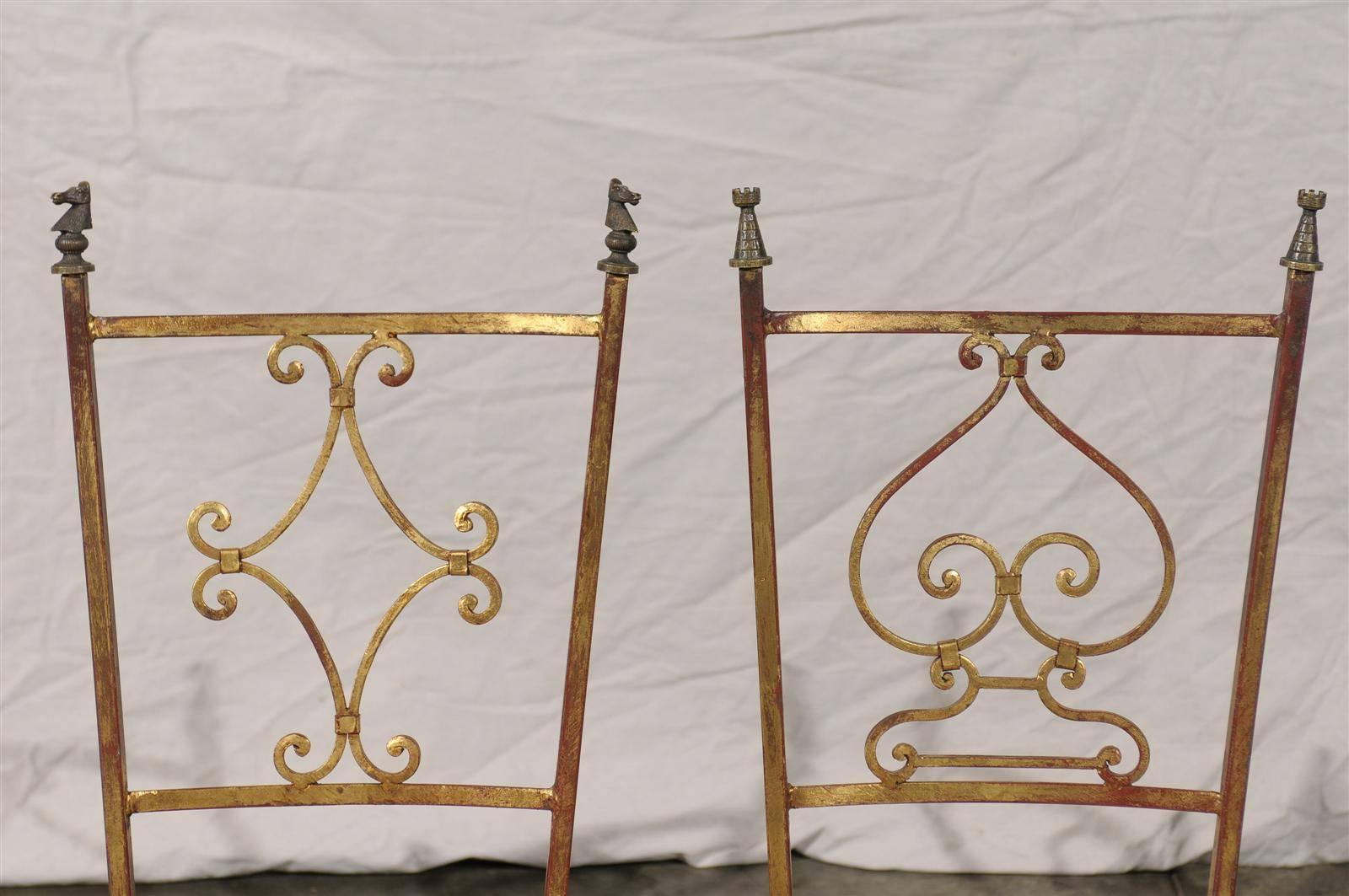 Set of Four 20th Century French Gilt Metal Chairs, Cast Bronze Chessman Finials 5