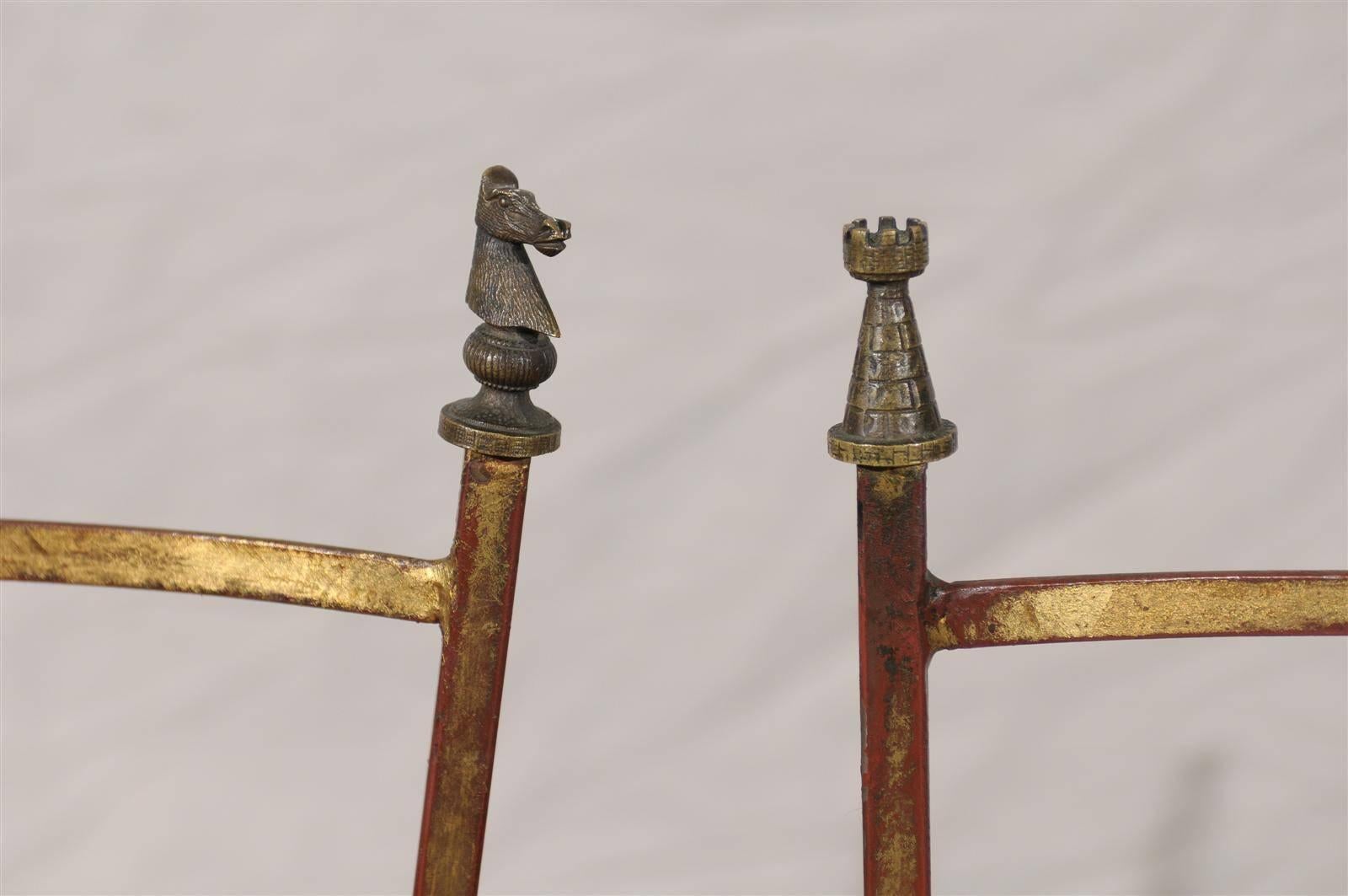 Set of Four 20th Century French Gilt Metal Chairs, Cast Bronze Chessman Finials 4