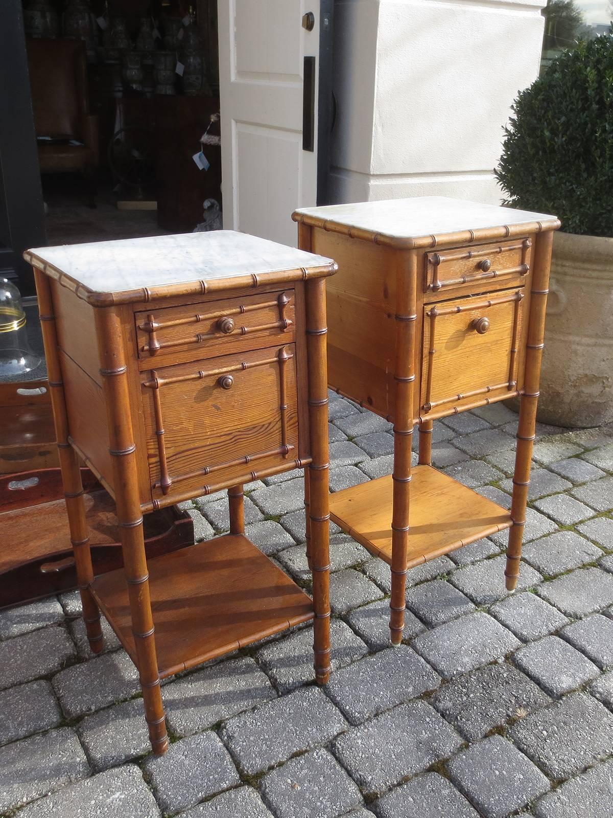 Pair of 19th-20th Century French Faux Bamboo Nightstands - Pine & Marble.