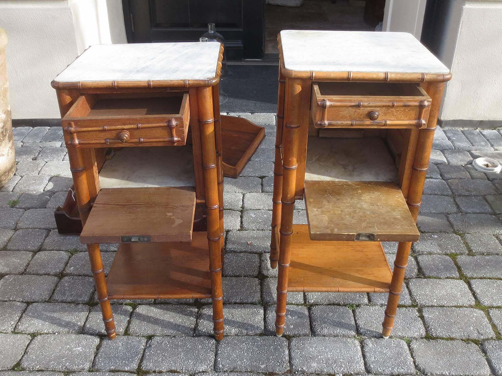 19th Century Pair of 19th-20th Century French Faux Bamboo Nightstands - Pine & Marble
