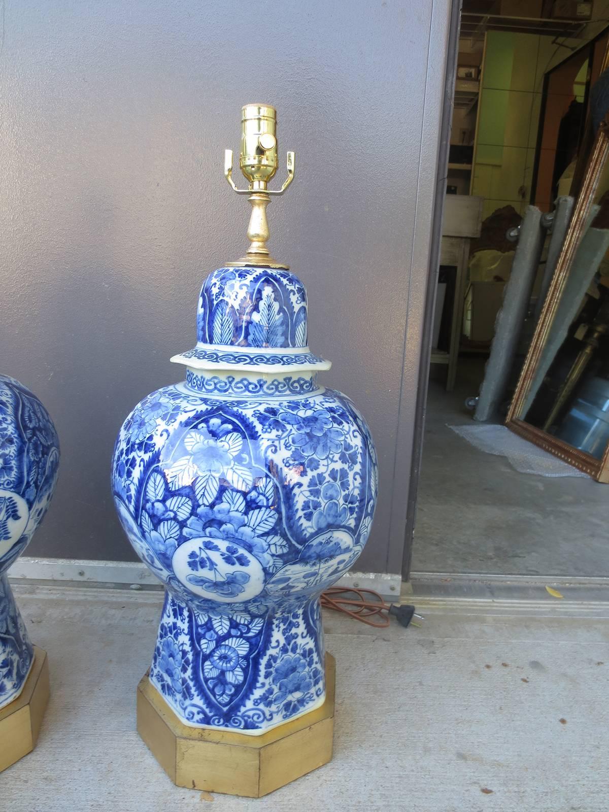 Porcelain Pair of Early 18th Century Delft Jars as Lamps on Custom Gilt Bases