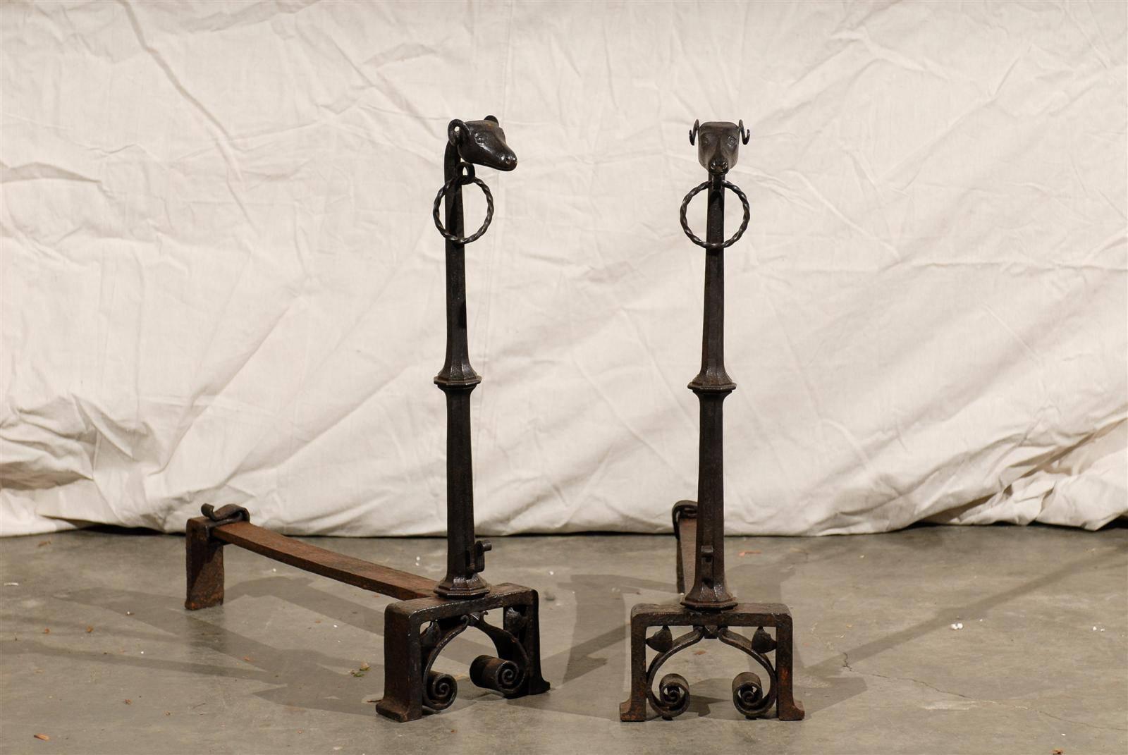 Pair of 19th Century Cast Iron Rams Head Iron Andirons with scrolled base
In the style of Giacometti 