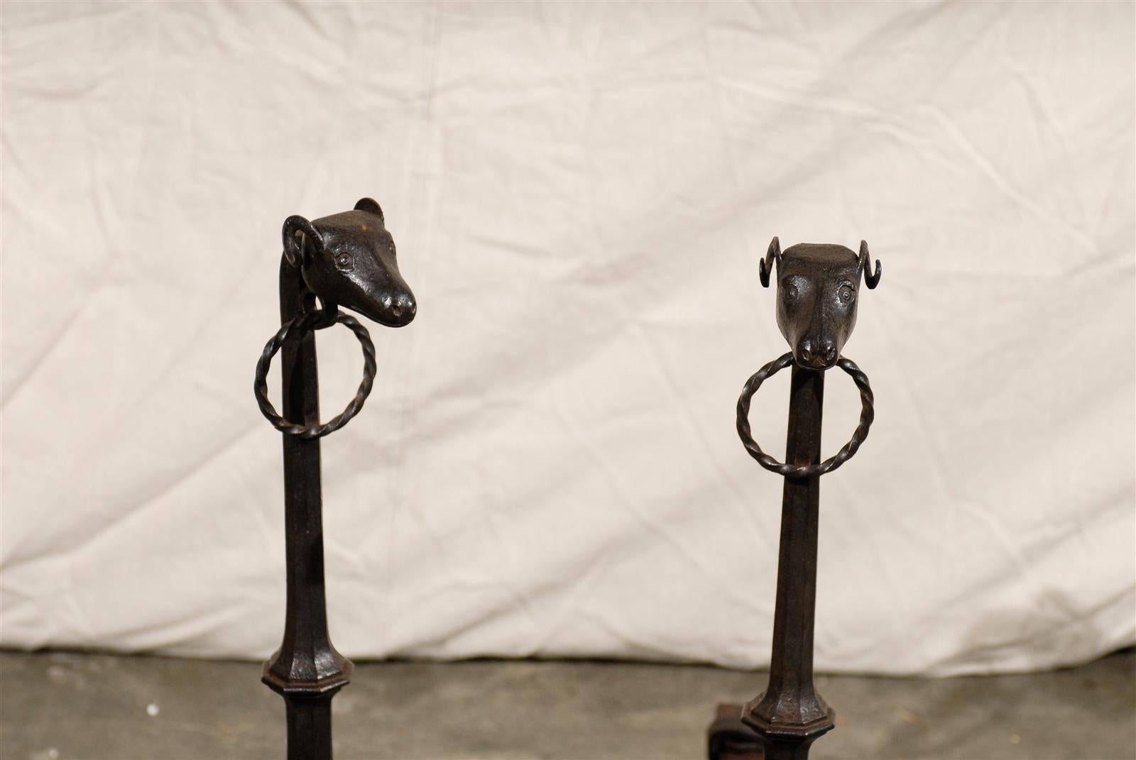 Pair of Giacometti Style 19th Century Cast Iron Rams Head Iron Andirons For Sale 1