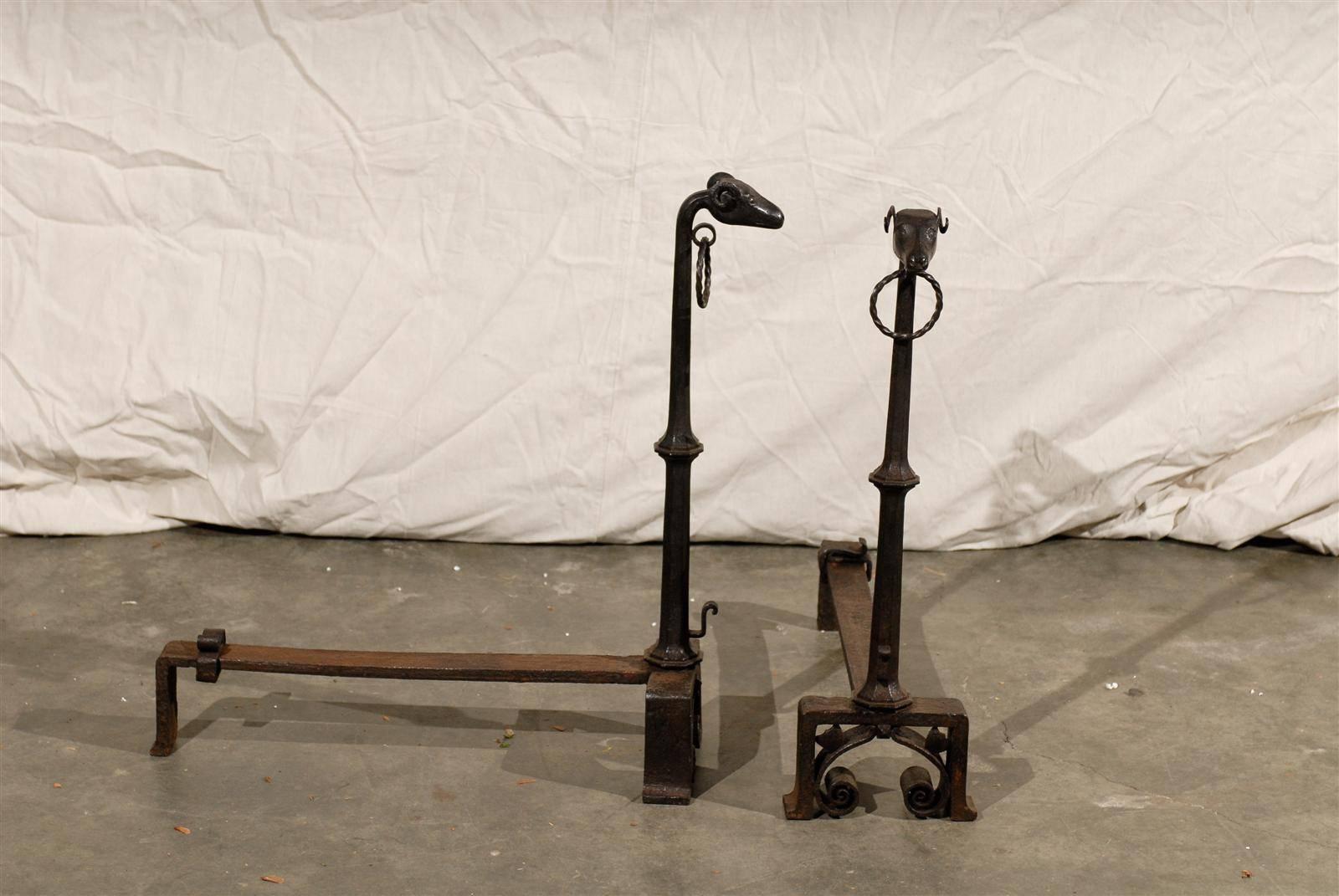 Pair of Giacometti Style 19th Century Cast Iron Rams Head Iron Andirons For Sale 3