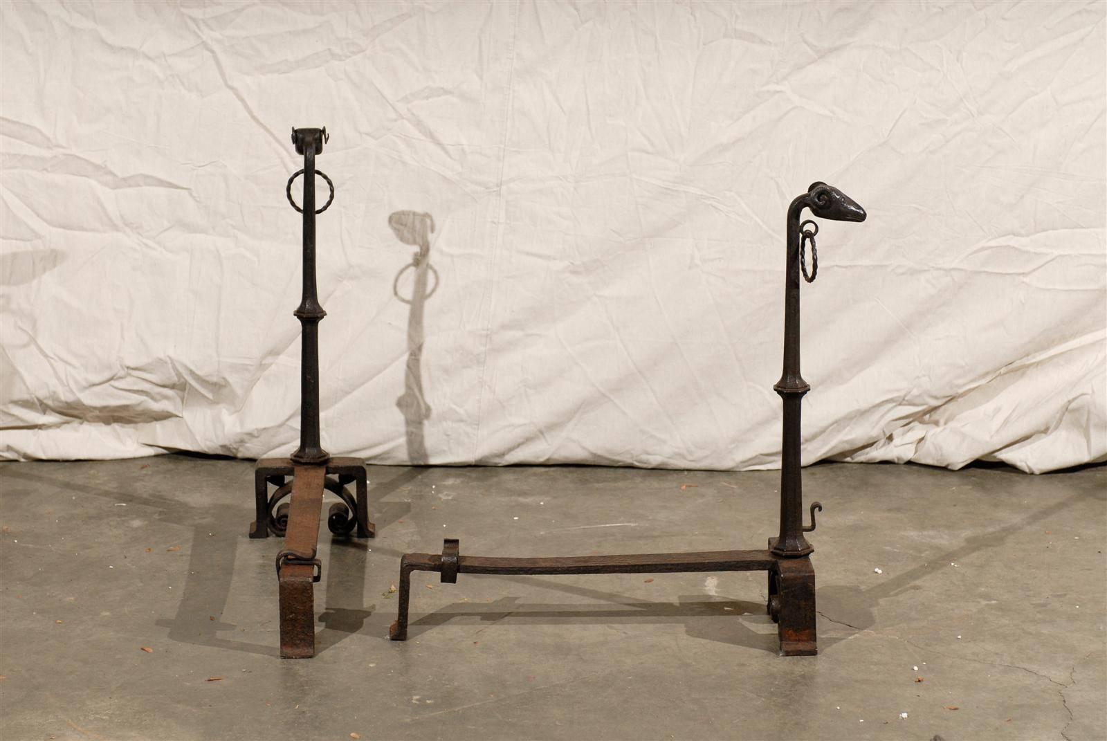 Pair of Giacometti Style 19th Century Cast Iron Rams Head Iron Andirons For Sale 4