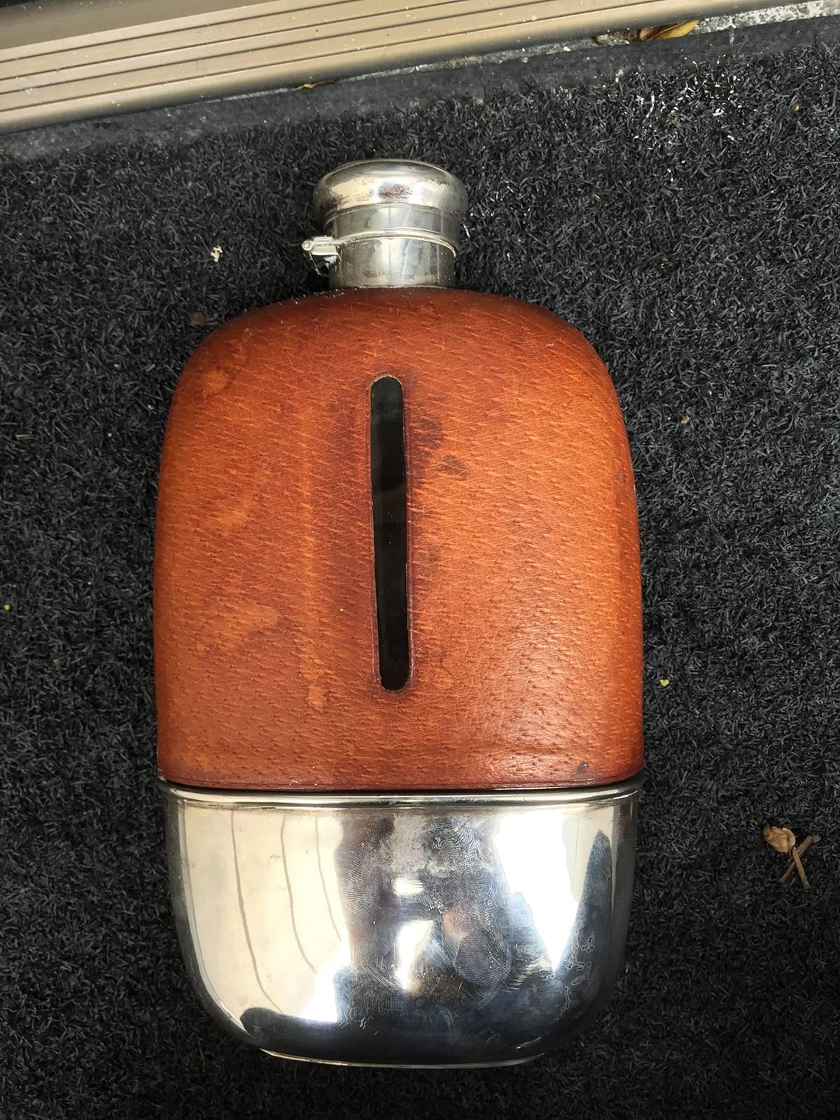 20th Century American Silver and Leather Safari Flask by Gorham, circa 1920 1