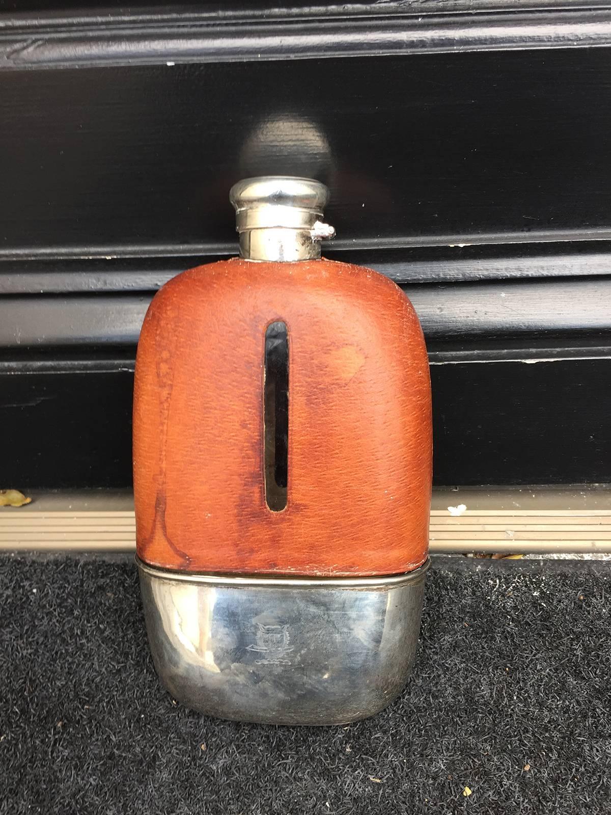 20th Century American Silver and Leather Safari Flask by Gorham, circa 1920 In Good Condition In Atlanta, GA