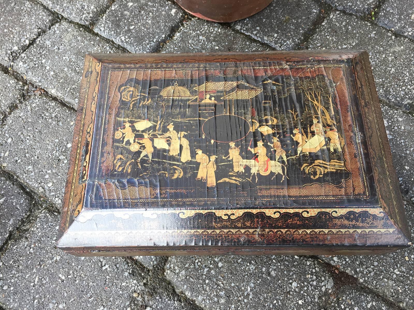 Large 19th Century Chinese Export Lacquered Tea Caddy.