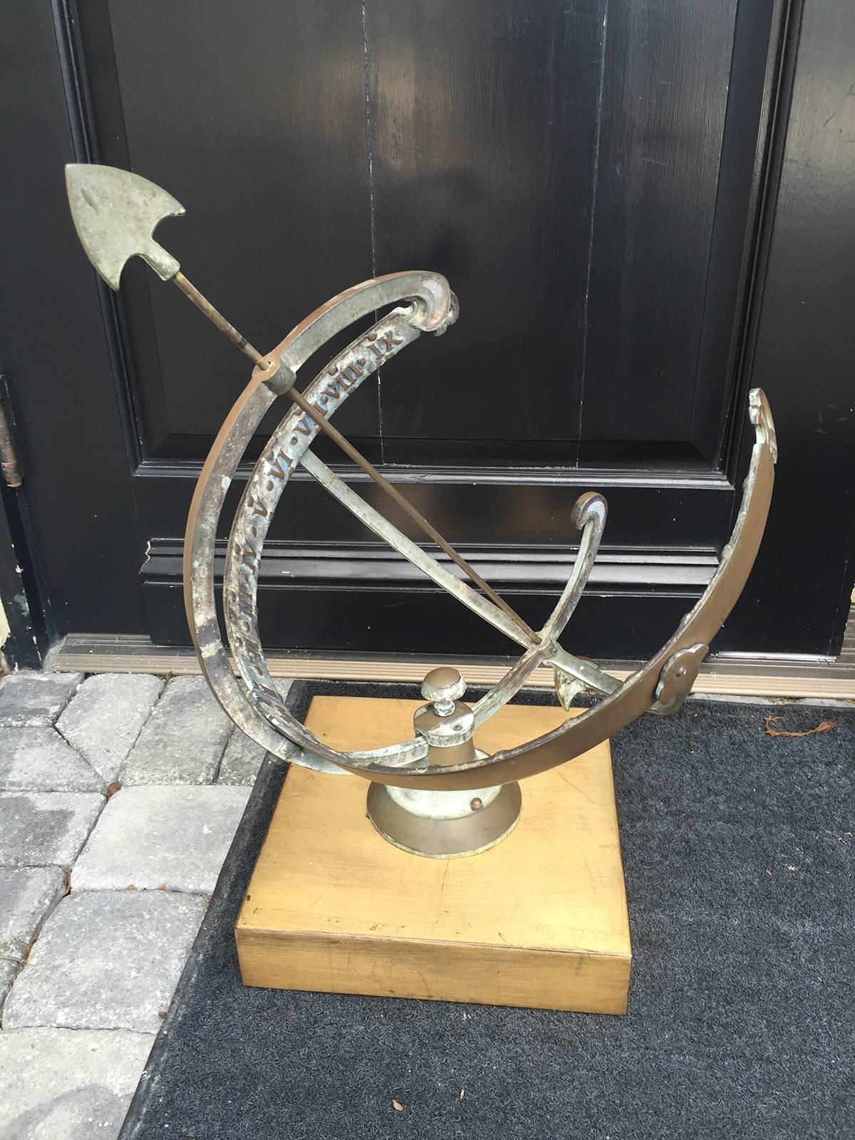 1940s French bronze armillary on custom wood base.