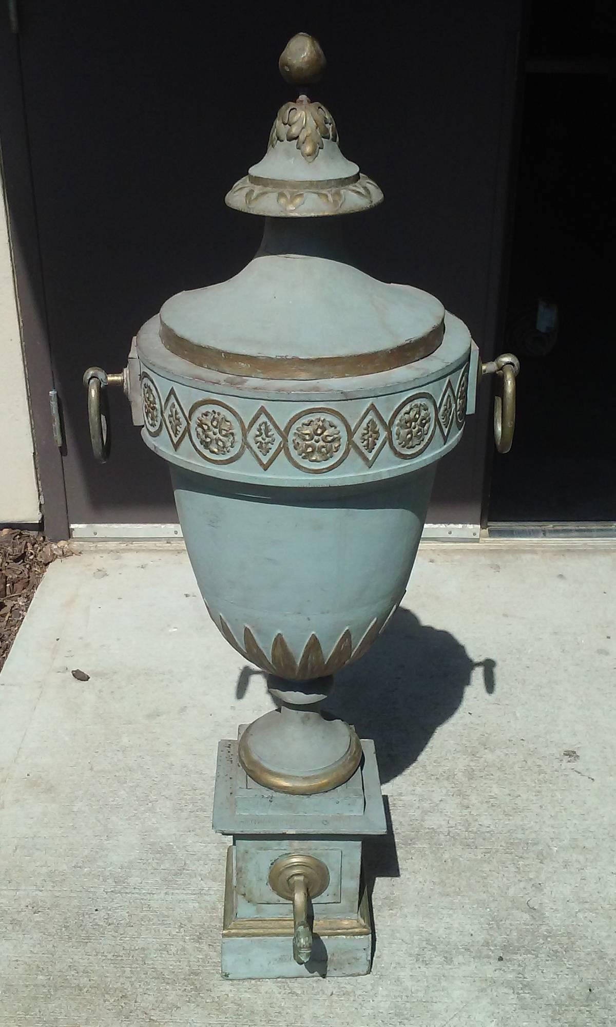 Jumbo 19th century tole urn with old paint.