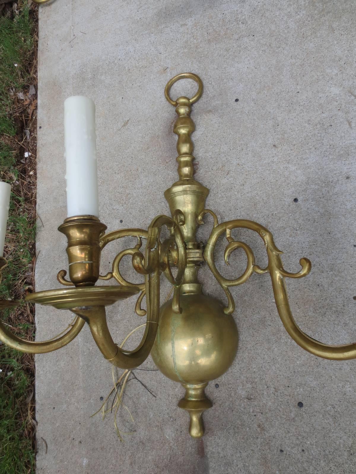 Pair of 20th Century Jumbo Dutch Three-Light Brass Sconces In Good Condition For Sale In Atlanta, GA