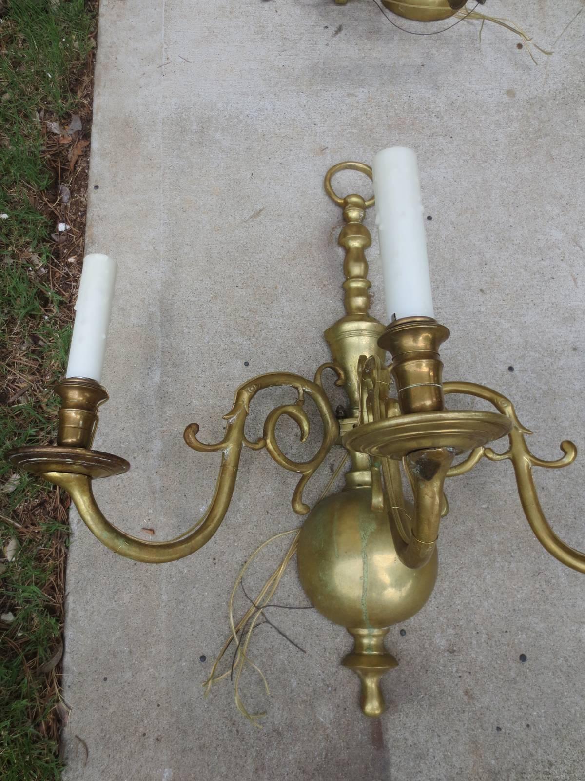 Pair of 20th Century Jumbo Dutch Three-Light Brass Sconces For Sale 1
