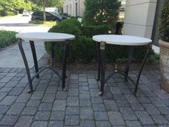 Pair of 20th Century Iron and Bronze Gueridon Tables with Limestone Tops