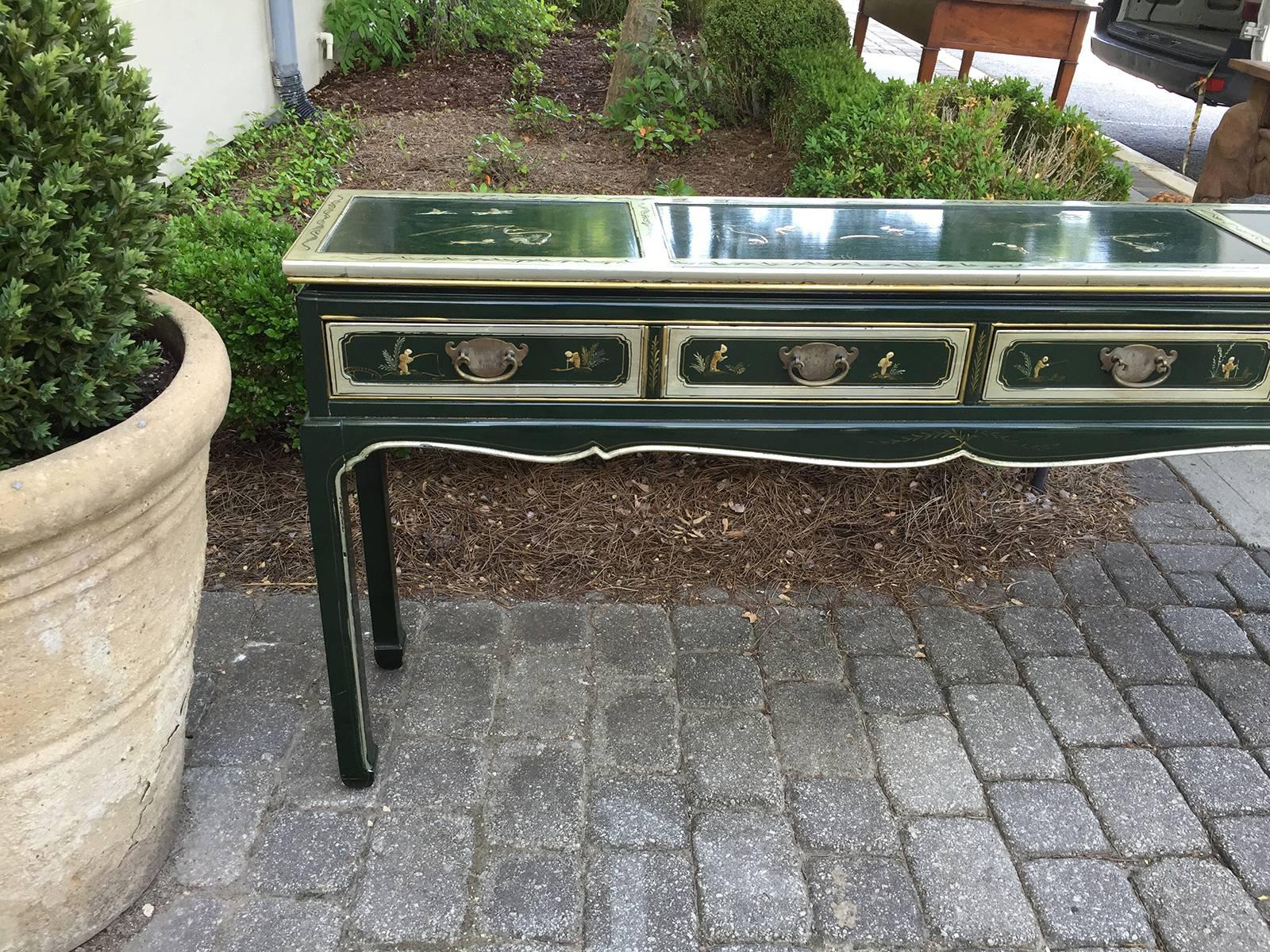 Chinoiserie Mid-20th Century Laquered Green Chinoserie Sofa Table