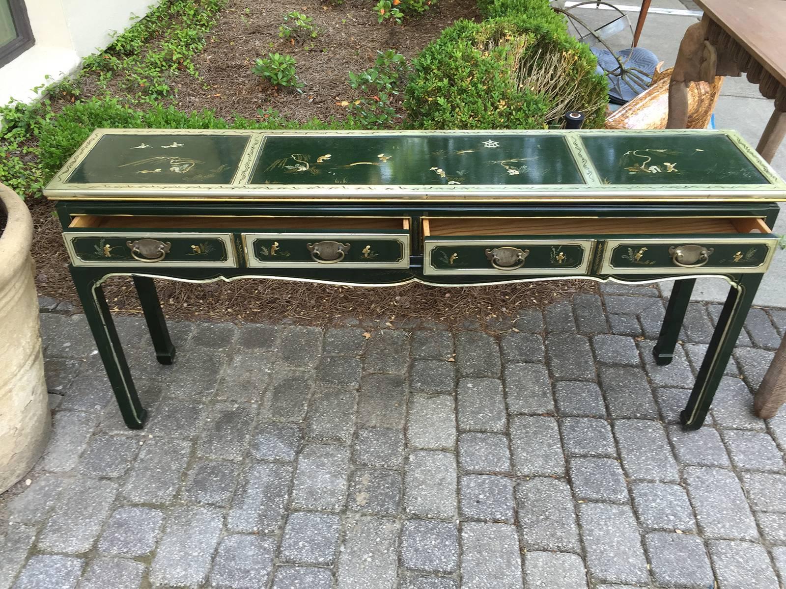 Mid-20th Century Laquered Green Chinoserie Sofa Table In Good Condition In Atlanta, GA