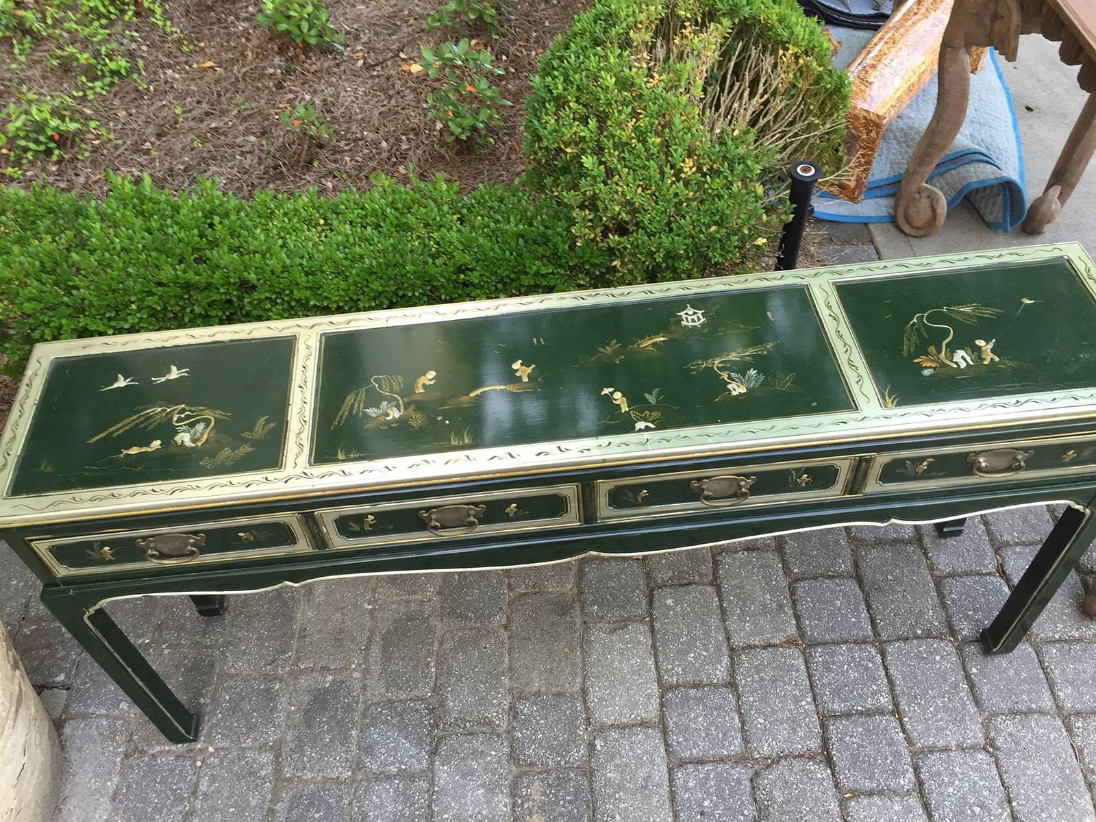 Mid-20th Century Laquered Green Chinoserie Sofa Table 2