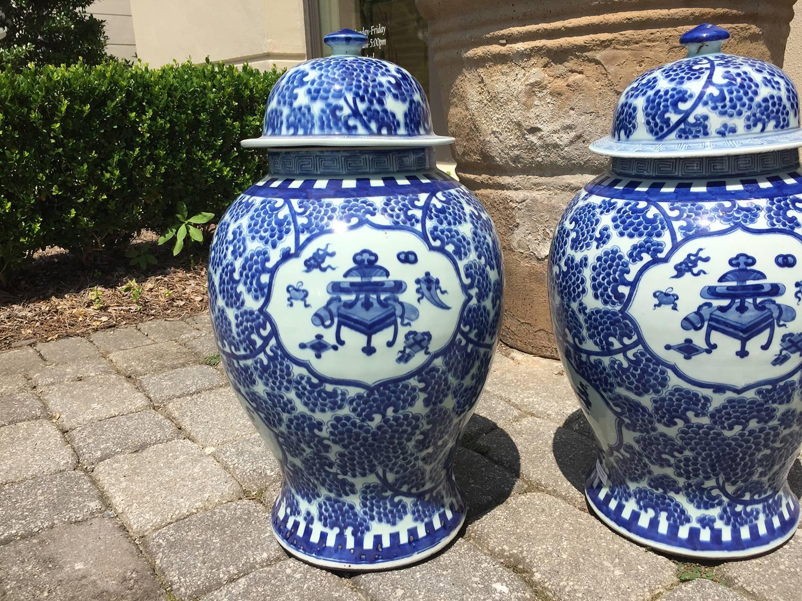 Pair of 19th century blue and white Chinese export jars.