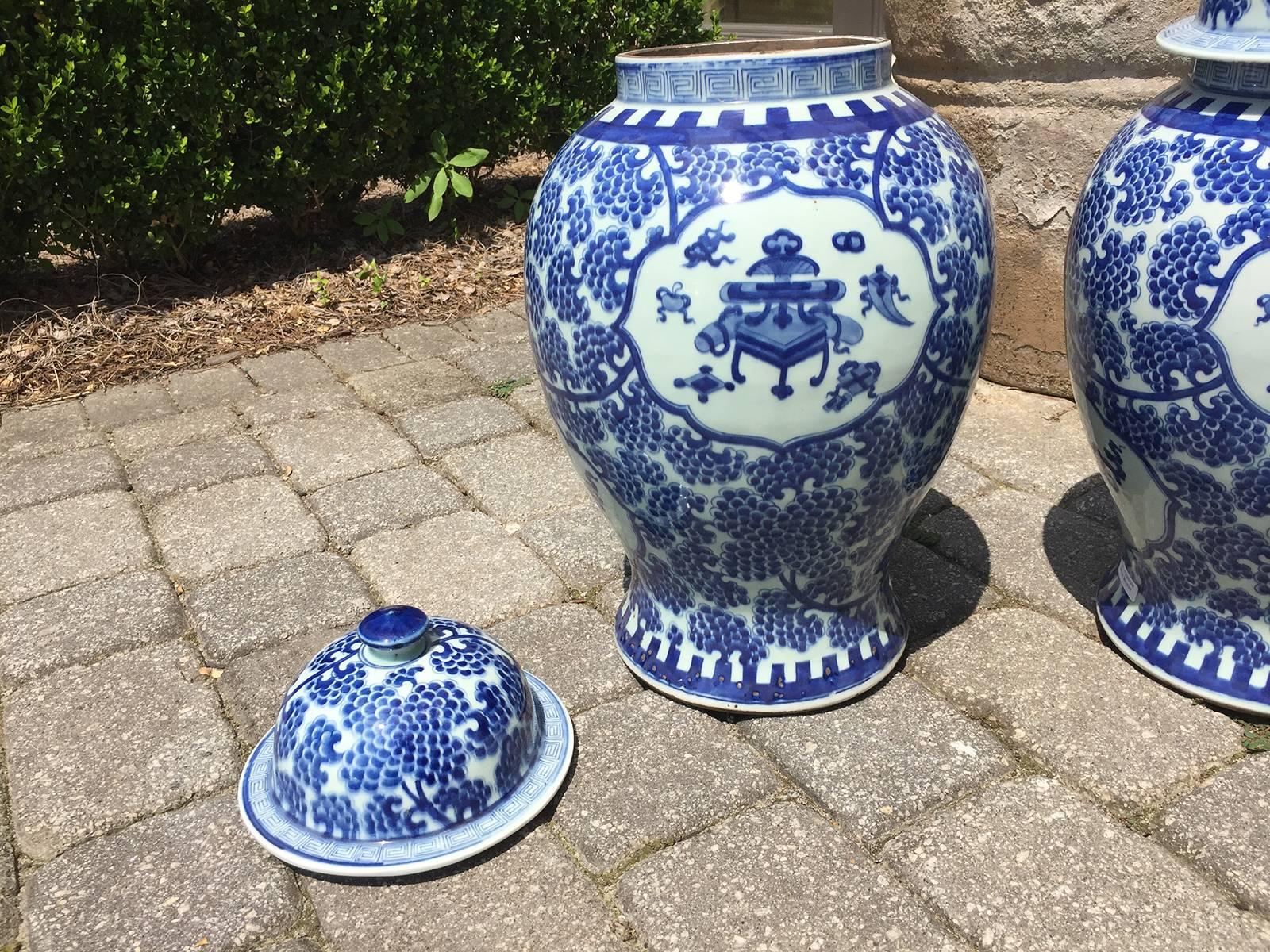 Porcelain Pair of 19th Century Blue and White Chinese Export Jars