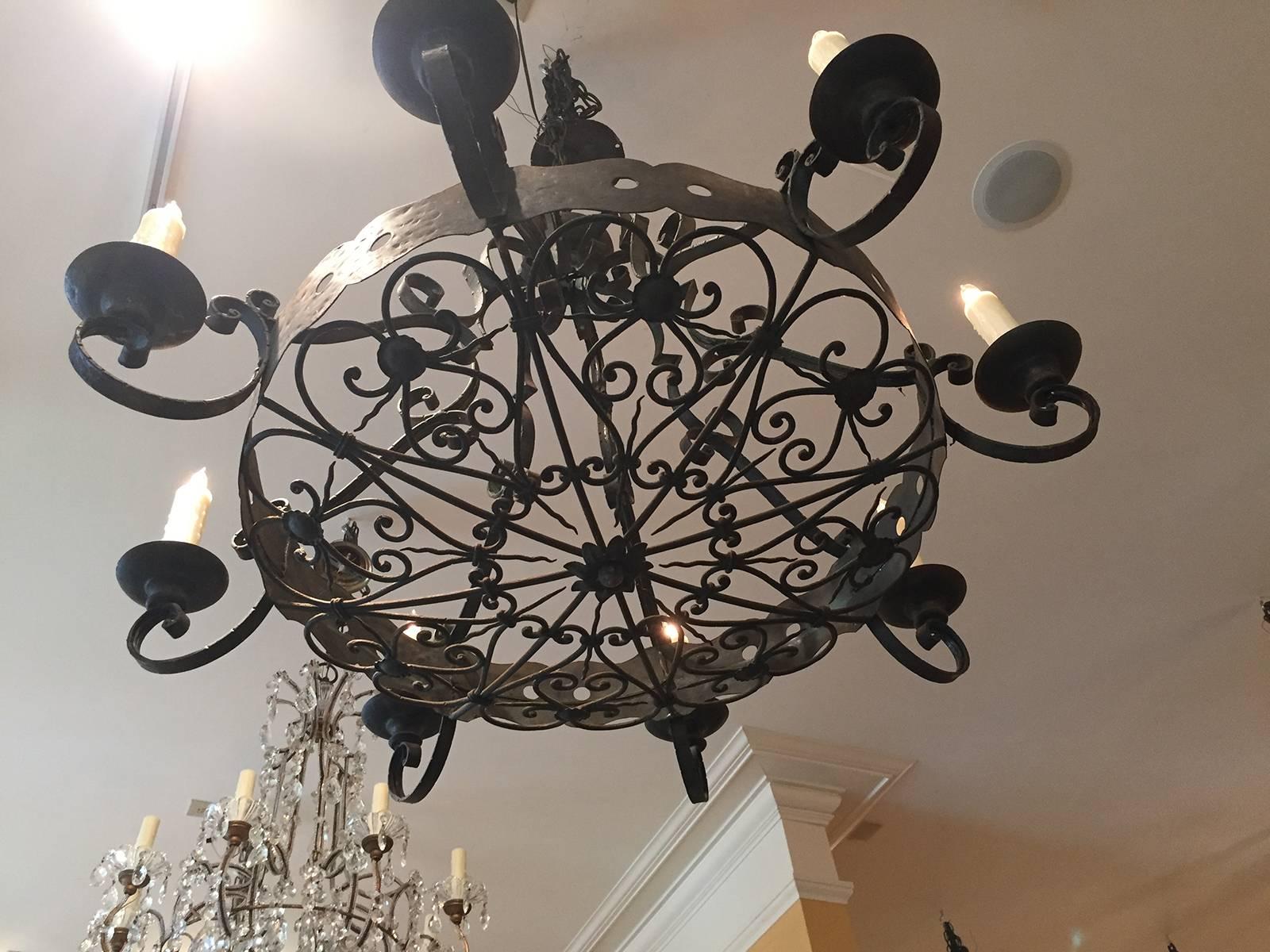 Circa 1900 large French hand wrought iron eight-arm chandelier 