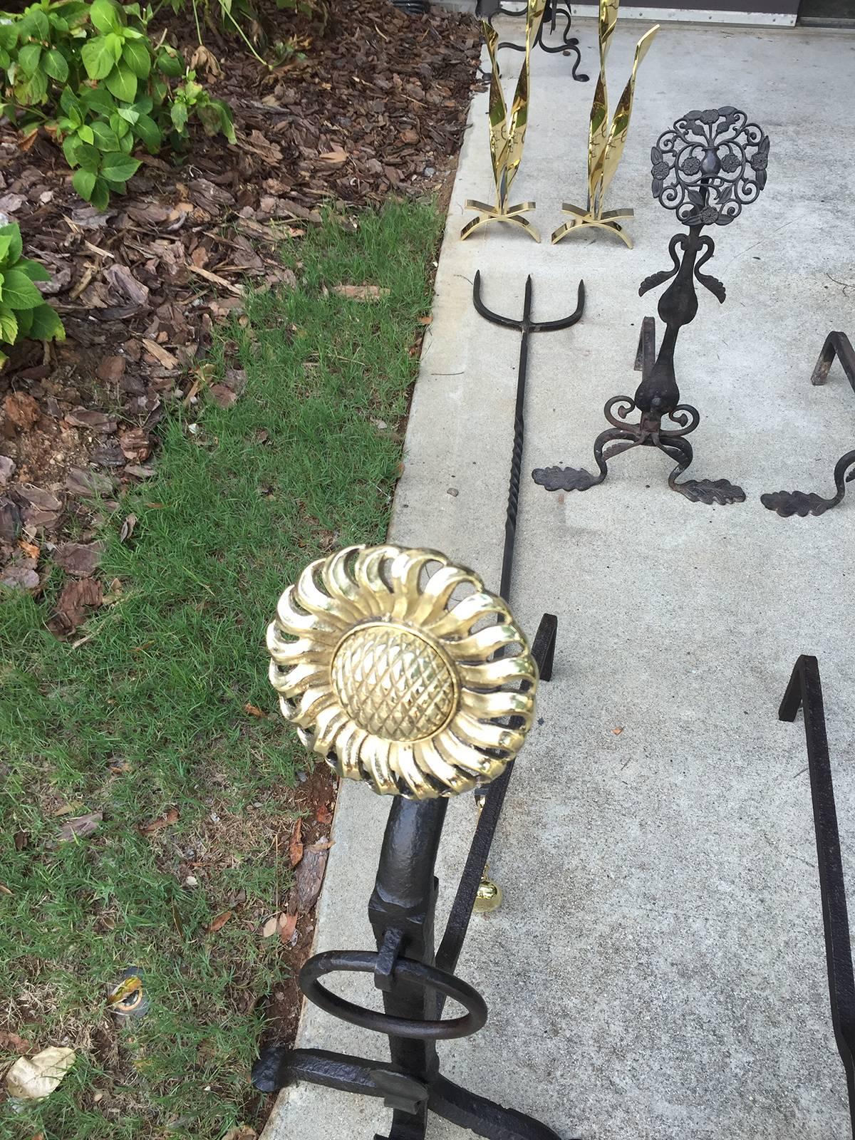 American Large Turn of the Century Iron and Brass Sunflower Andirons