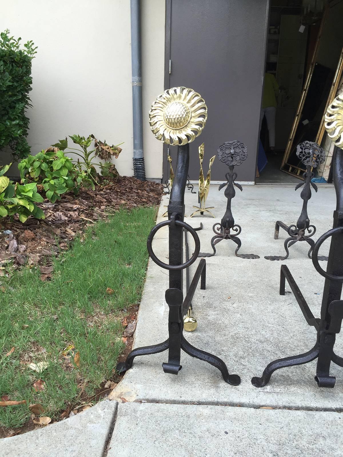 Large Turn of the Century Iron and Brass Sunflower Andirons In Excellent Condition In Atlanta, GA