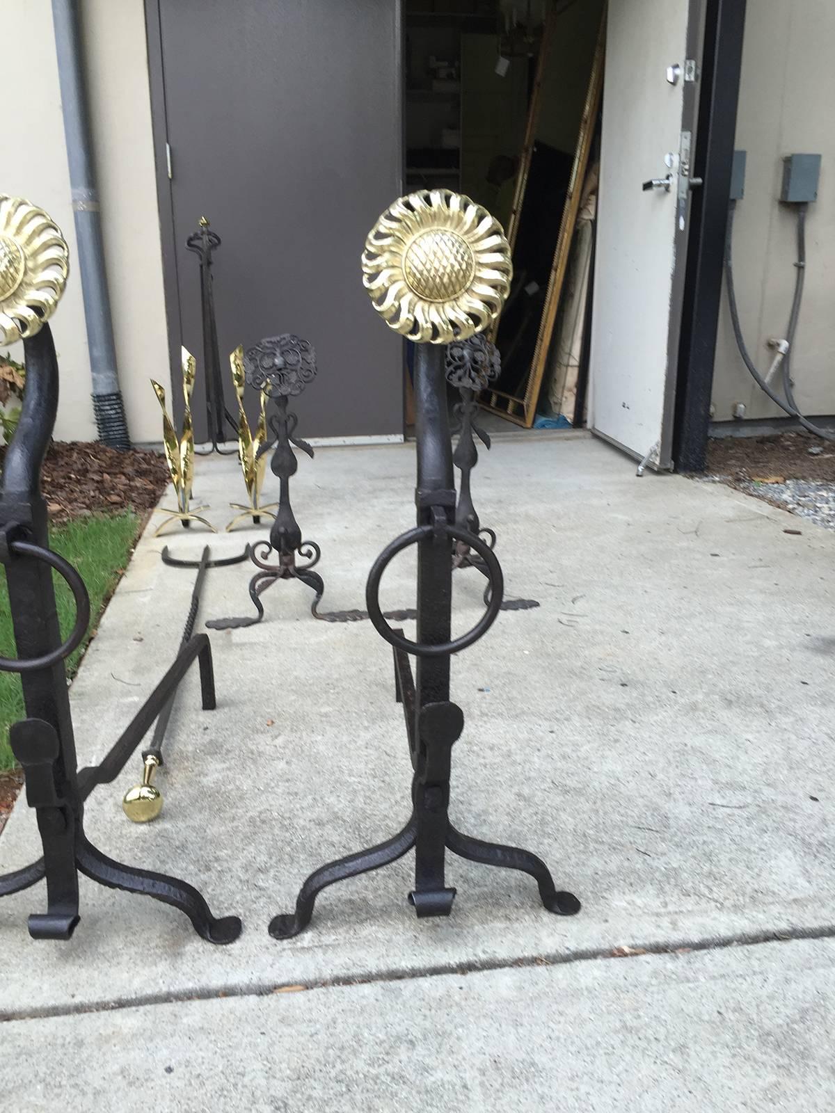 Early 20th Century Large Turn of the Century Iron and Brass Sunflower Andirons