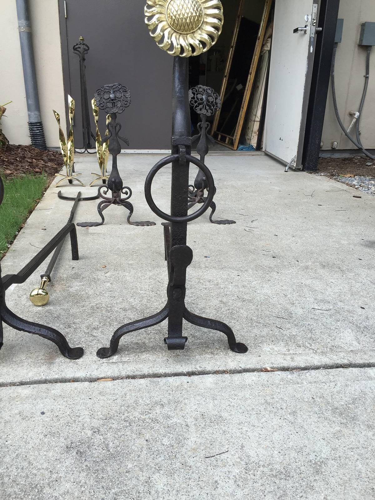 Large Turn of the Century Iron and Brass Sunflower Andirons 1