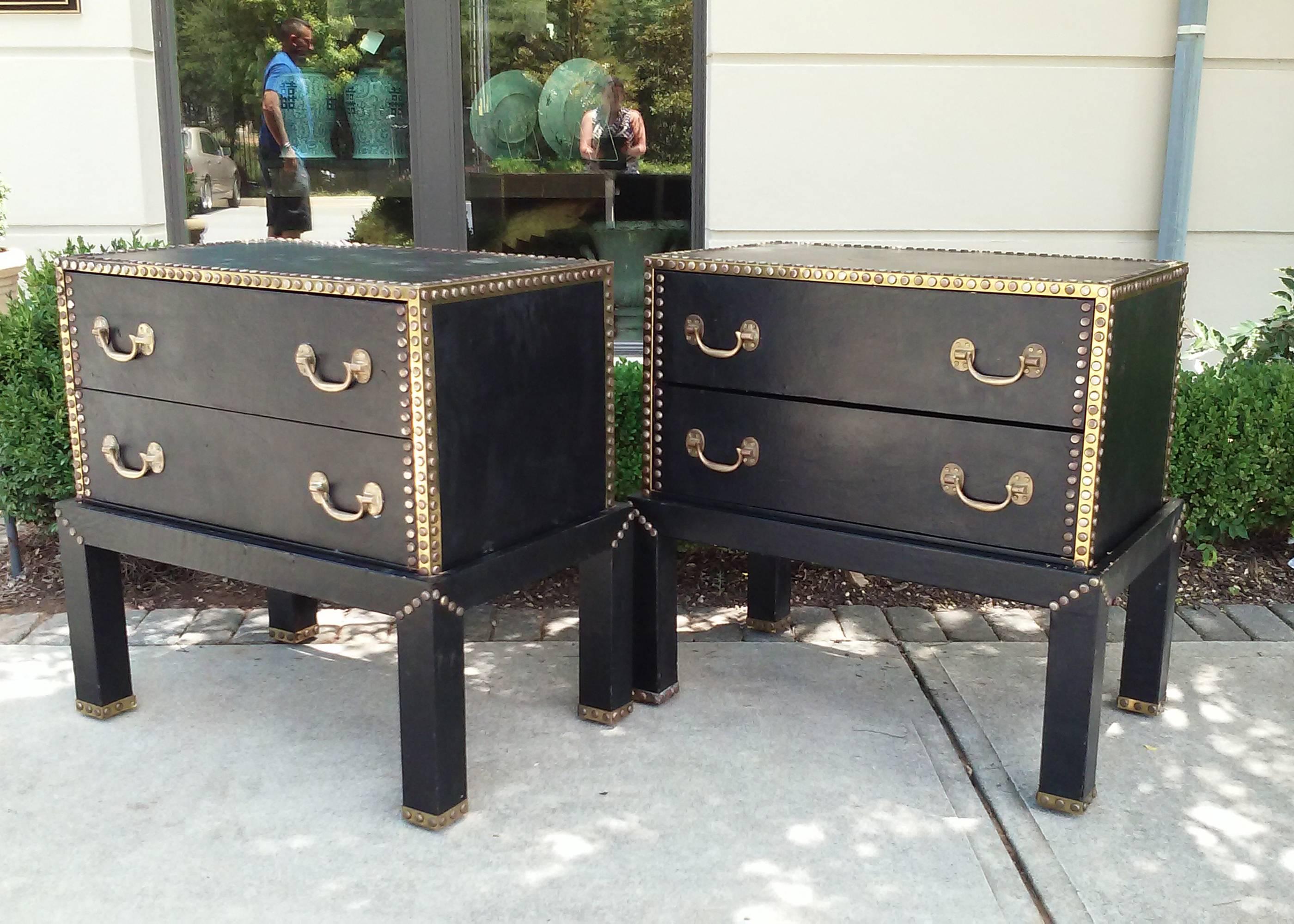 Pair of Leather Mid-Century Chests with Brass Studs on Stand In Excellent Condition In Atlanta, GA