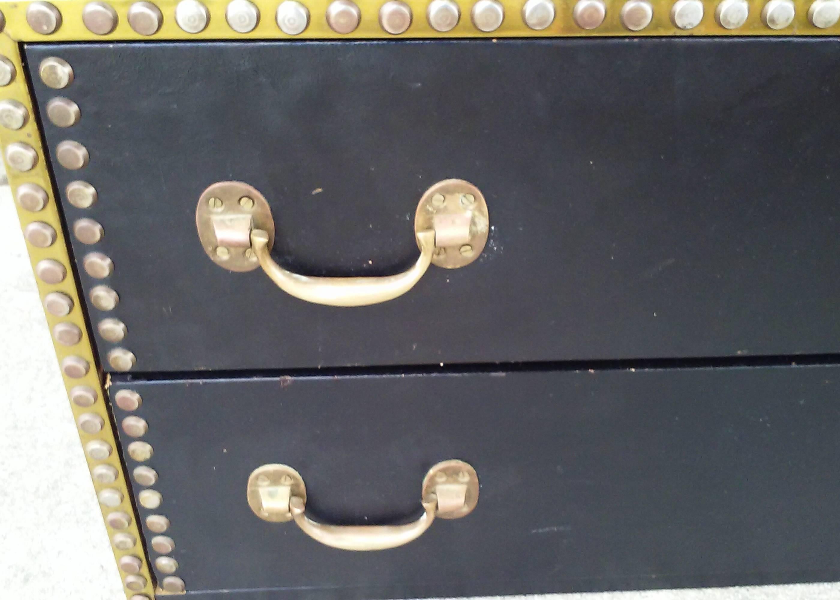 Pair of Leather Mid-Century Chests with Brass Studs on Stand 2