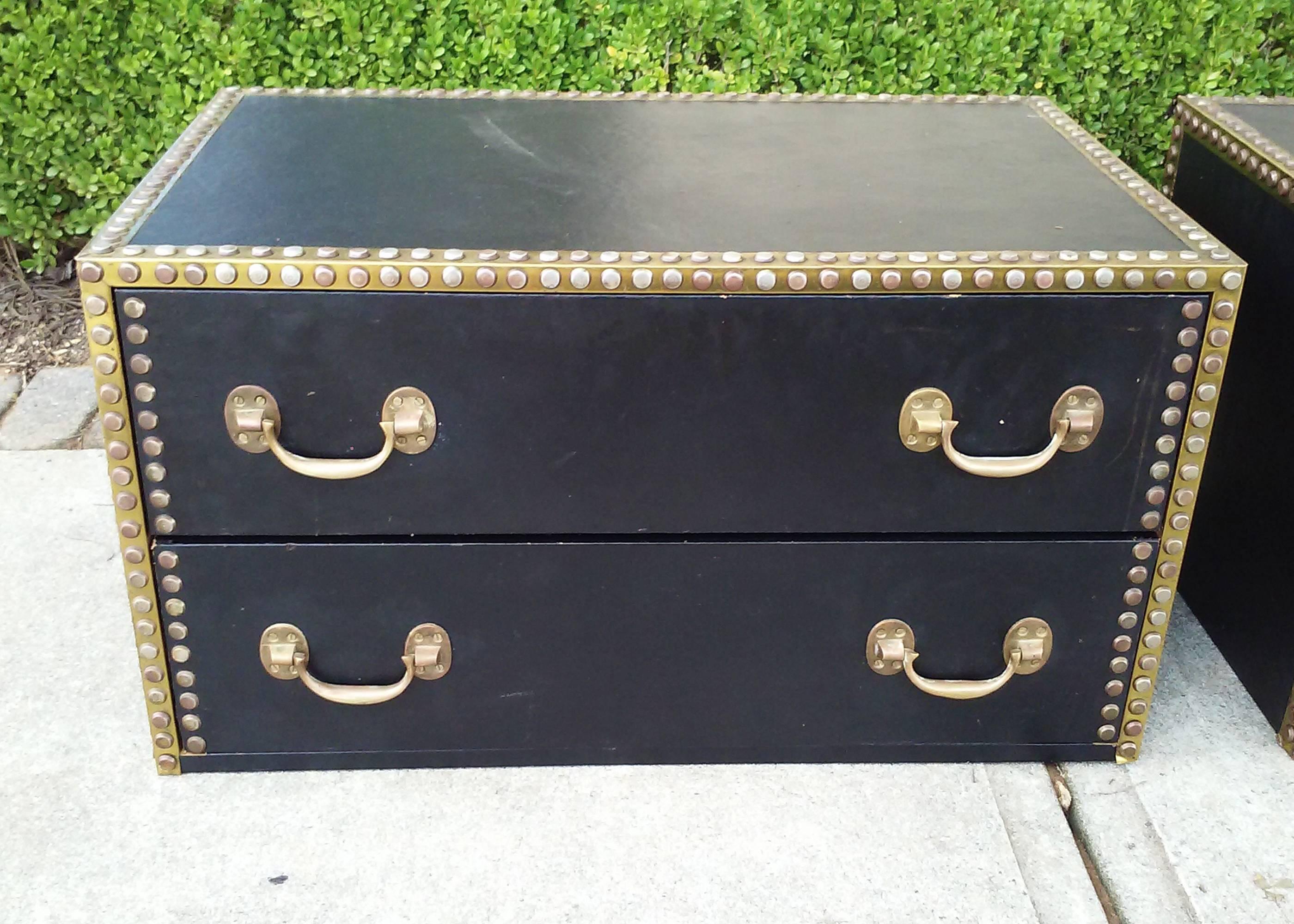 Pair of Leather Mid-Century Chests with Brass Studs on Stand 3