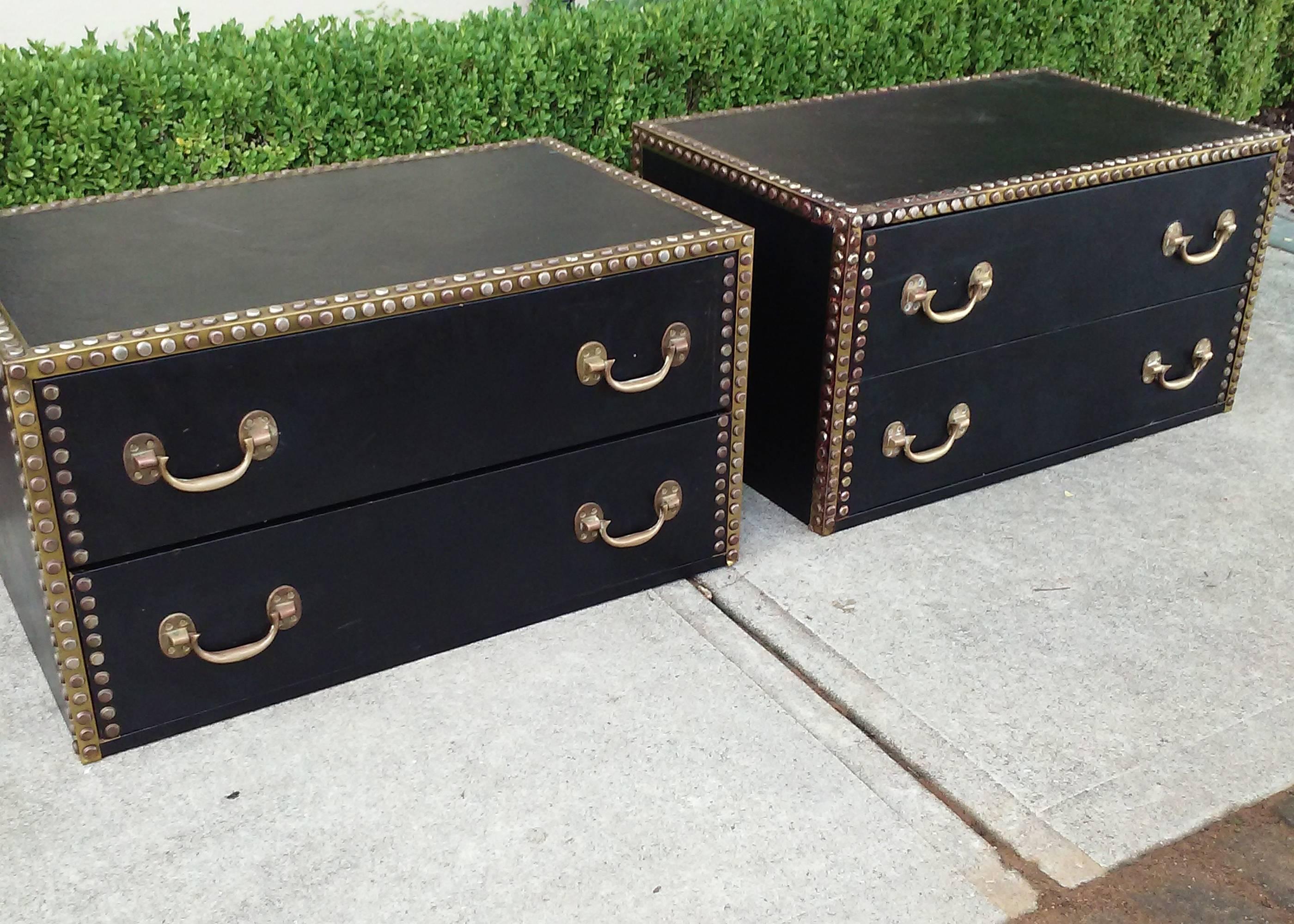 Pair of Leather Mid-Century Chests with Brass Studs on Stand 6