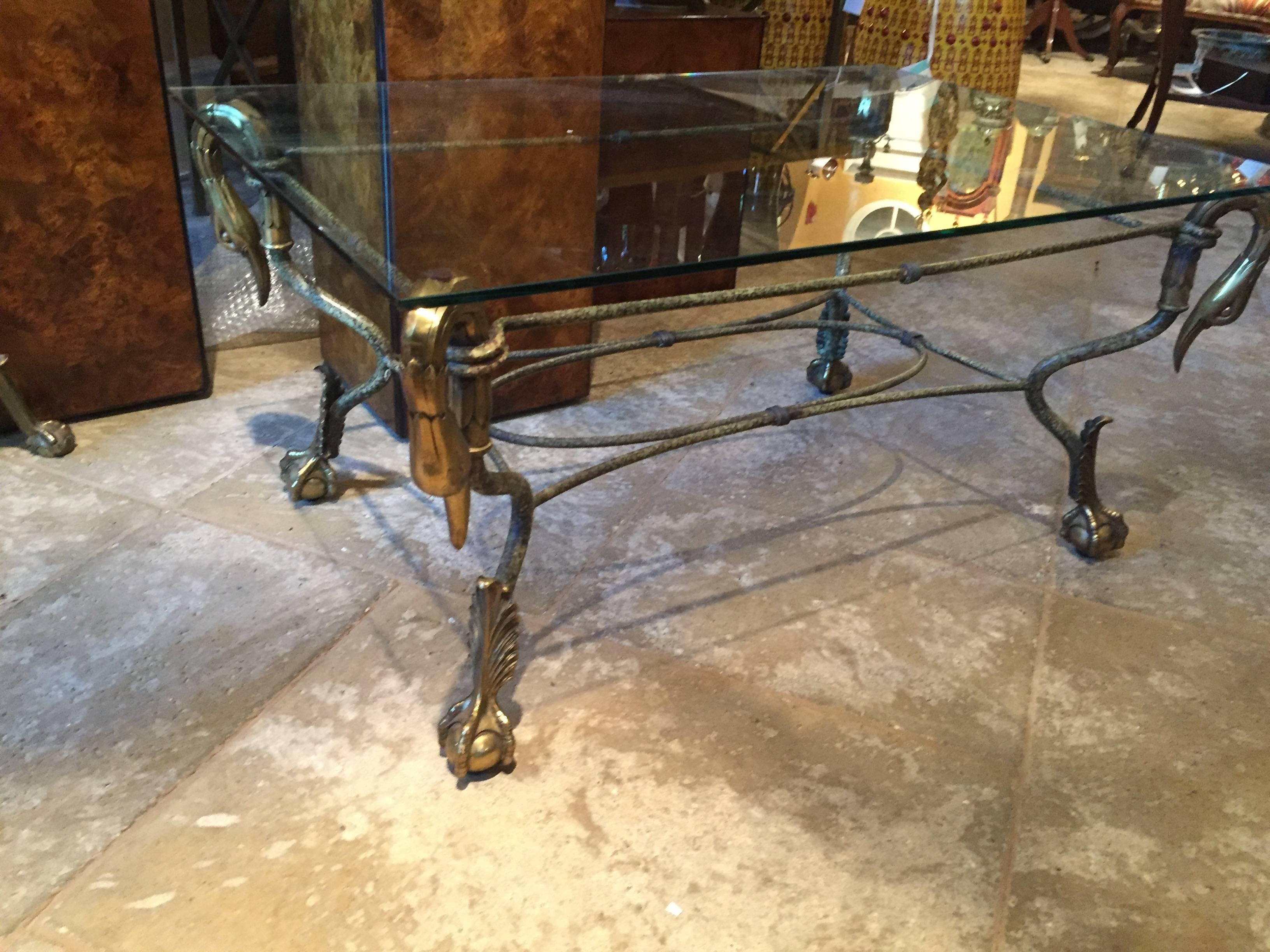 20th Century Swan Head Coffee Table with Glass Top, Brass and Steel 1